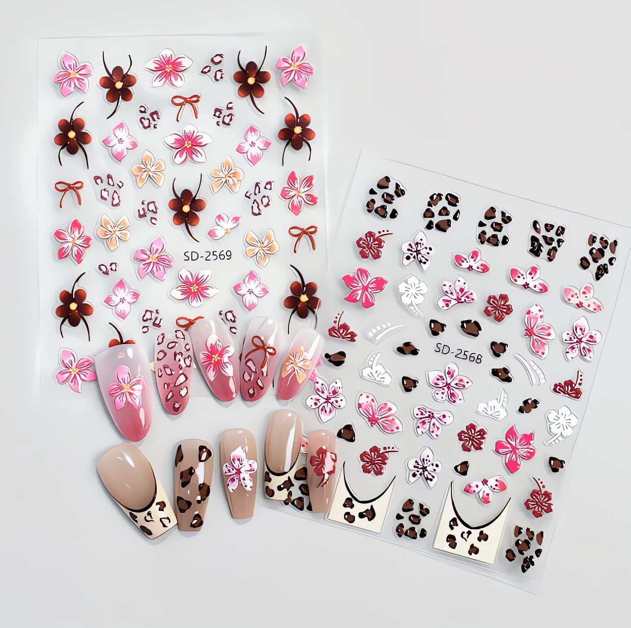 Flower Nail Art Stickers 5D Embossed Leopard Print Nail Decals French Tips Nail Stickers for Nail Art Lily Floral Self Adhesive Relief Design Colorful Nail Sticker for Women DIY Salon Manicure 6Sheets