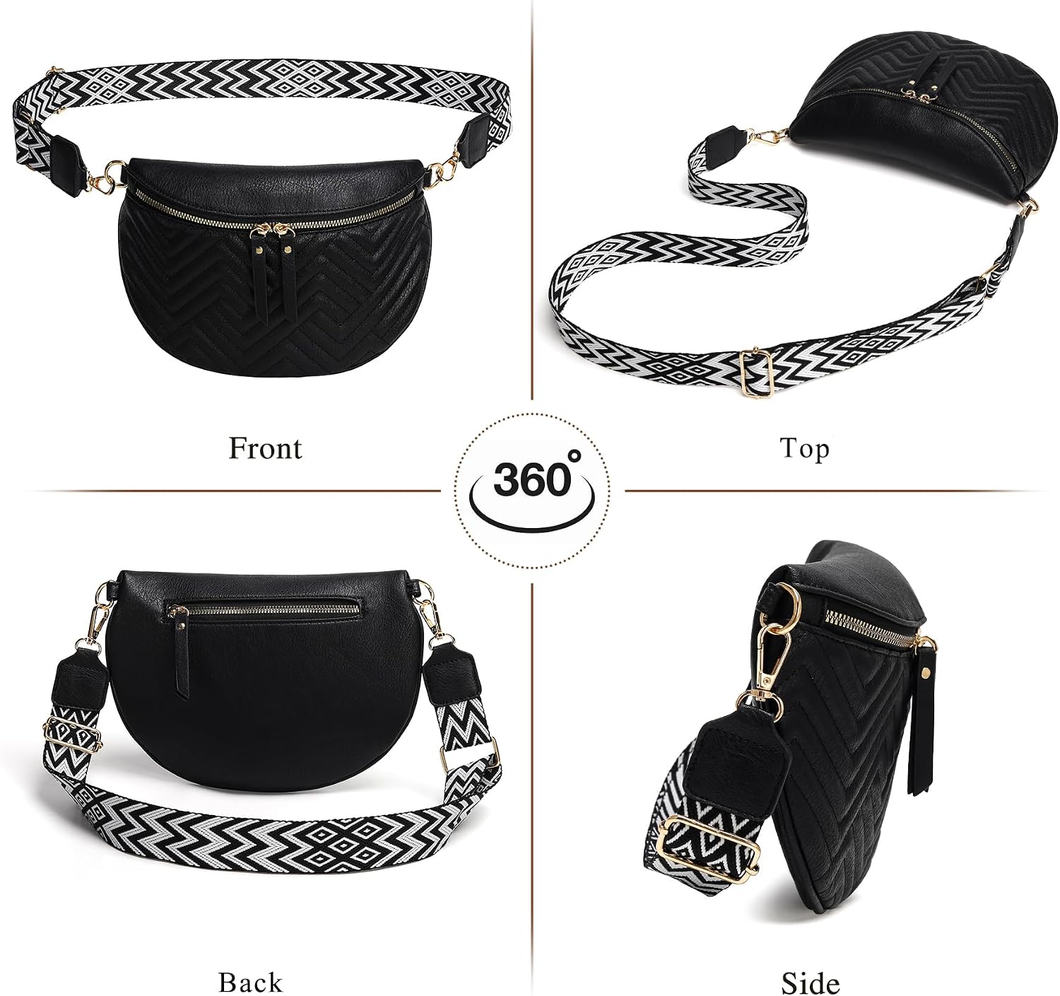 Women's Vegan Leather Crossbody Waist Pack, Fanny Pack Sling Bag with Adjustable Belt, Boho Style Shoulder Purse for Travel, Daily Use (Black)