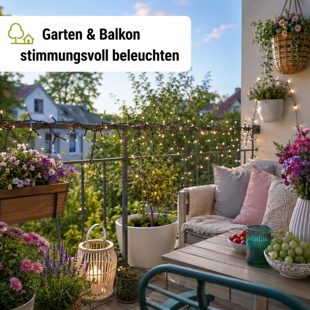 LED Universum Lichterkette Außen 80 m, 1000 LEDs warmweiß 2800 K, IP44 spritzwassergeschützt, mit Stecker 230 V, 3 m Zuleitung, für Garten, Balkon & innen