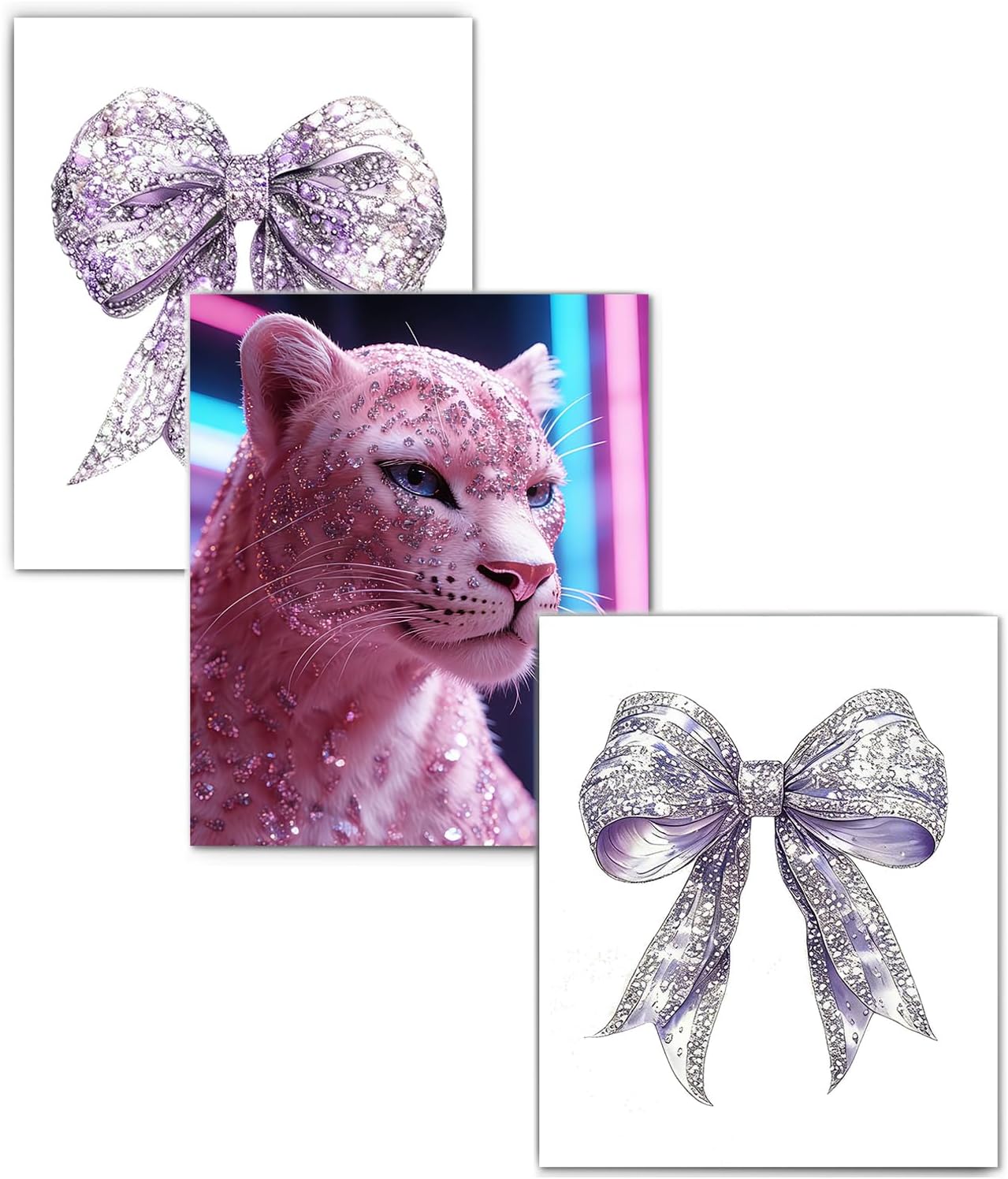 XUNLURY Coquette Bow Leopard Diamond Art Kits 3 Pcs, Luxury Glitter Cheetah Bow Diamond Painting Kits for Adults Girls Beginners, Full Drill Diamonds Dots for Home Decor, 9.8x11.8 Inch
