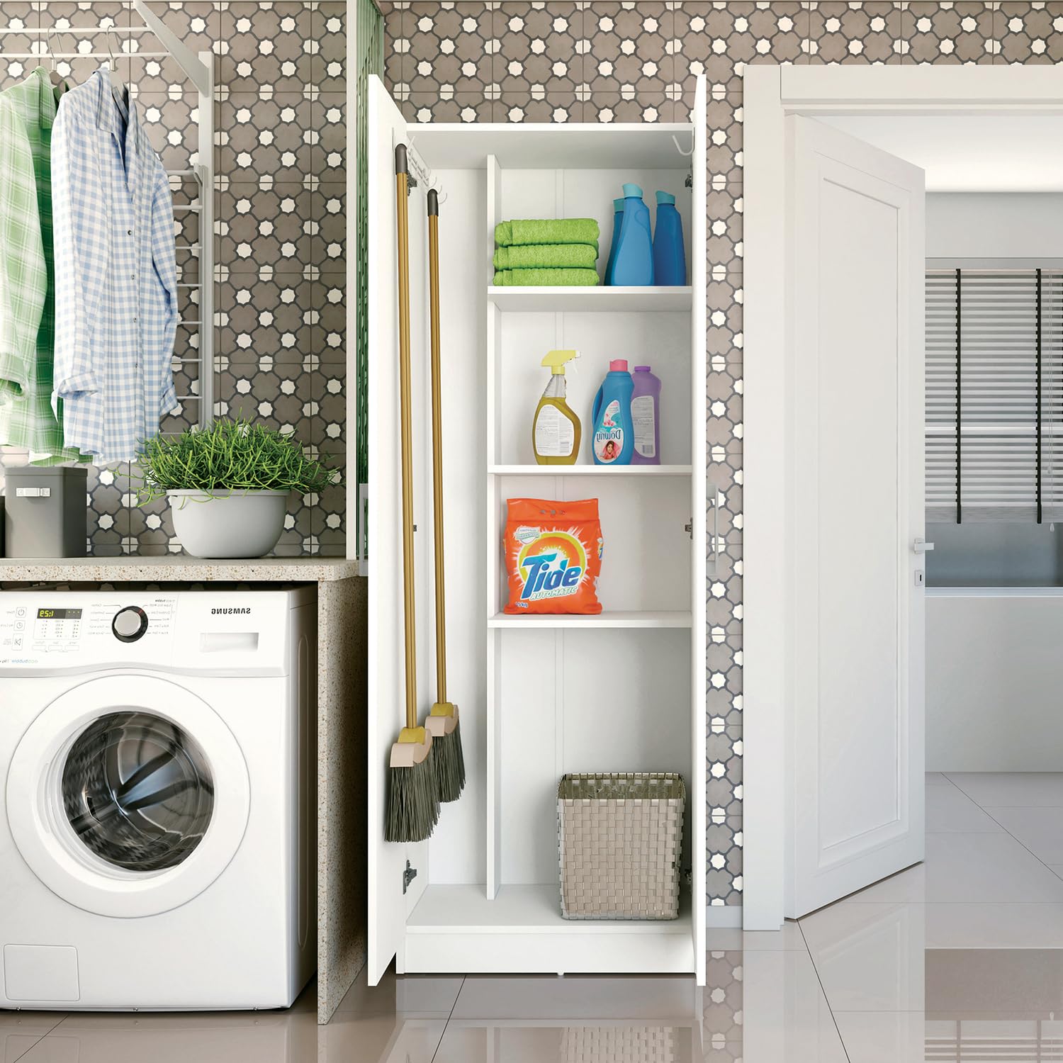 Armario escobero Multiusos 2 Puertas. Color Blanco (Alto 170 cm/Ancho 61 cm/Fondo 30 cm) - 61 x 170 x 30 cm