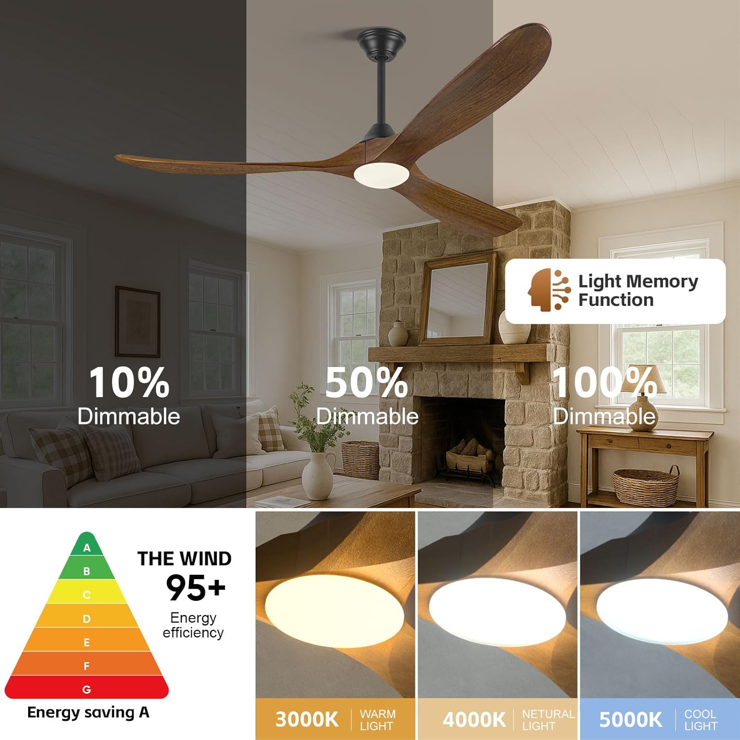 Farmhouse Ceiling Fan with Lights and Remote, 60 Inch Outdoor Ceiling Fans for Patio Damp Rated, 3 Propeller Solid Wood Blades, large Airflow Quiet Reversible DC Motor, for Indoor Exterior Gazebo