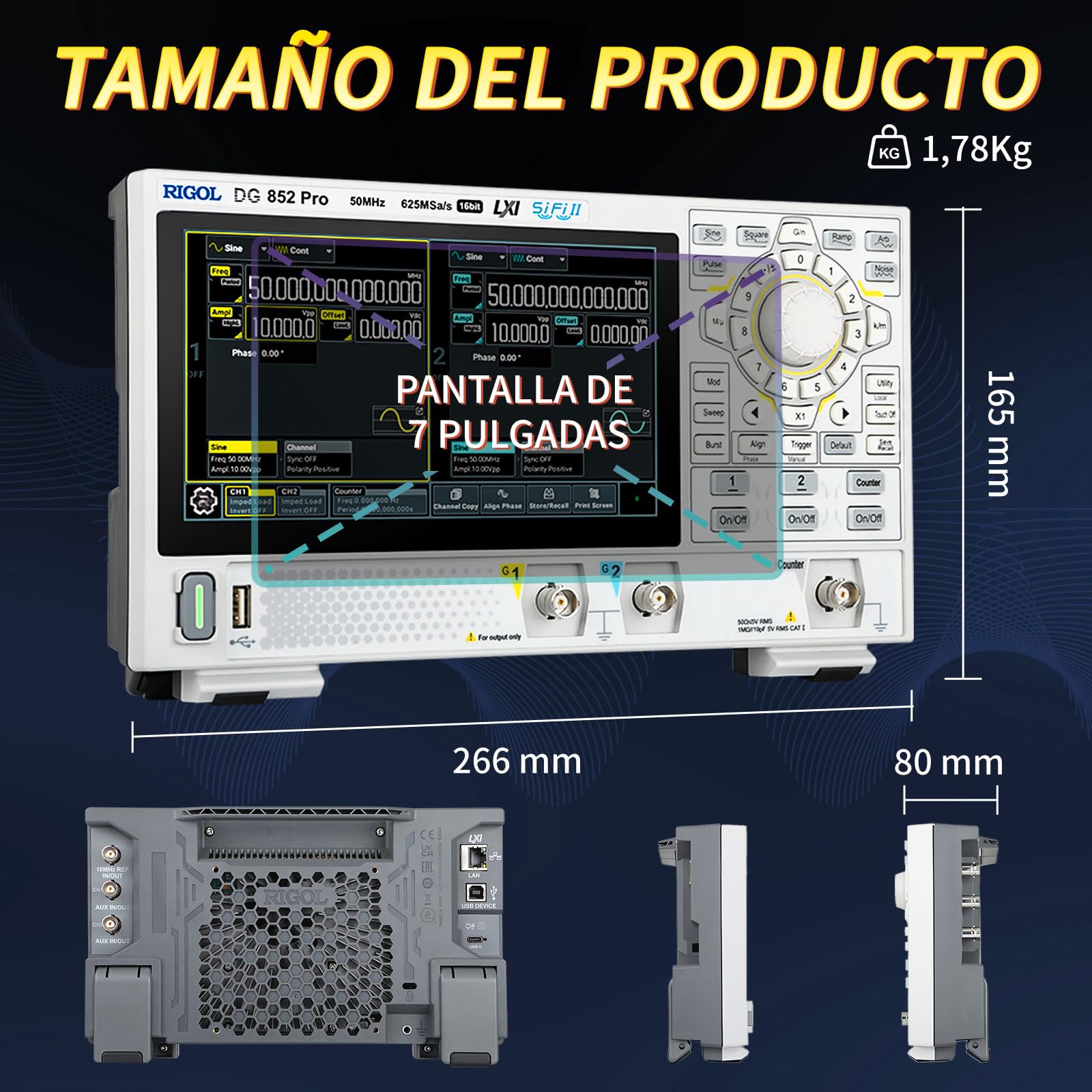 RIGOL Generador de Funciones, DG852 Pro Generador de Señales,50 MHz,2 Canal,Resolución de 16 bits,Pantalla táctil HD de 7 pulgadas,Ultra portátil,Ideal para pruebas en campo y enseñanza en laboratorio