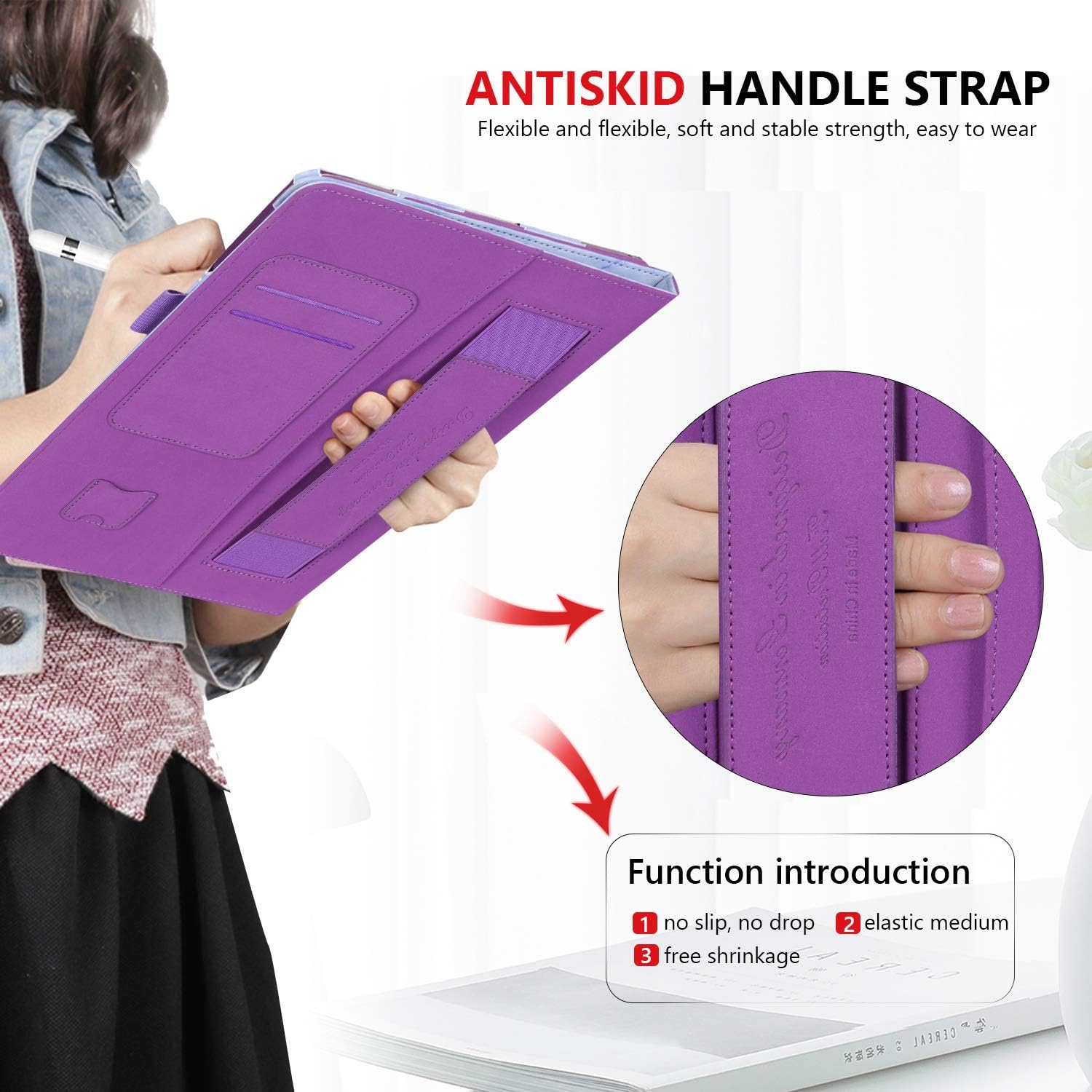 FYY Leather Case with Apple Pencil Holder for iPad Air 1/2, iPad 9.7 2017/2018 - Folio Stand Protective Case Smart Cover with Hand Strap Card Slots for Apple iPad Air 1/2 /iPad 9.7 2017/2018 Lavenda