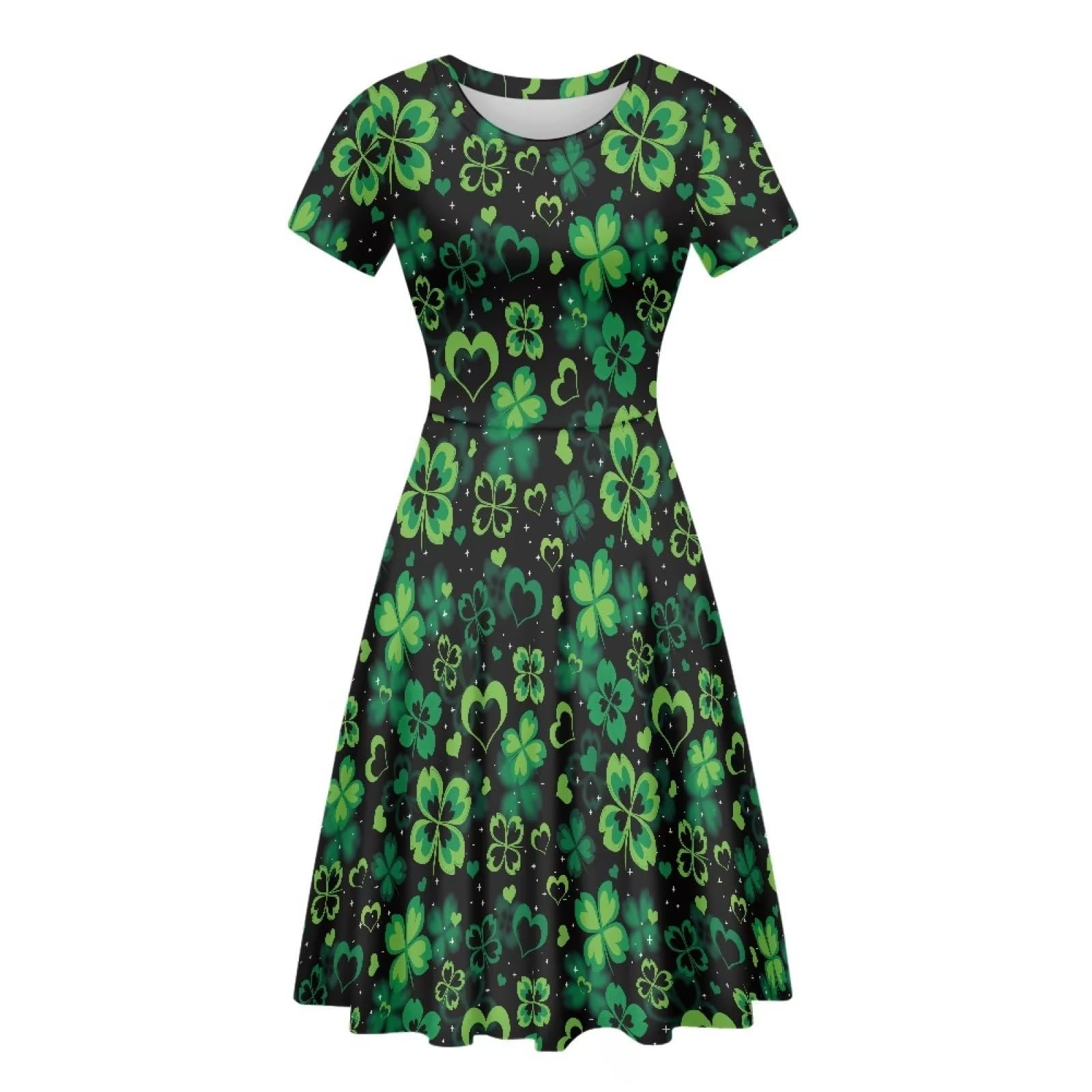 POLERO Women Puffy Swing Elegant Party Midi Dresses Short Sleeve Round Neck A-Line Dress