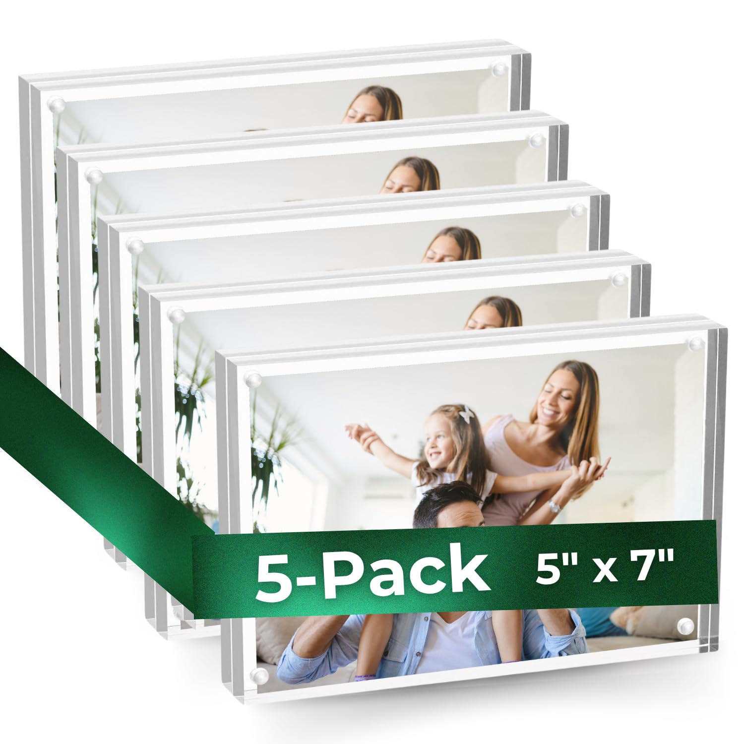 AMX® 5x7 Acrylic Picture Frames – 5 Pack Magnetic, Double-Sided, Lucite Crystal Clear Display Stylish & Self-Standing for Photos & Gifts