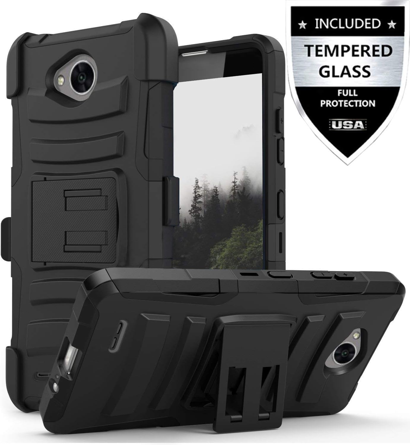 LG Fiesta Case/LG Fiesta 2 Case/LG X Charge Case/LG X Power 2 Case with Tempered Glass Screen Protector,IDEA LINE Heavy Duty Armor Shock Proof Combo Holster Kickstand Belt Clip - Black