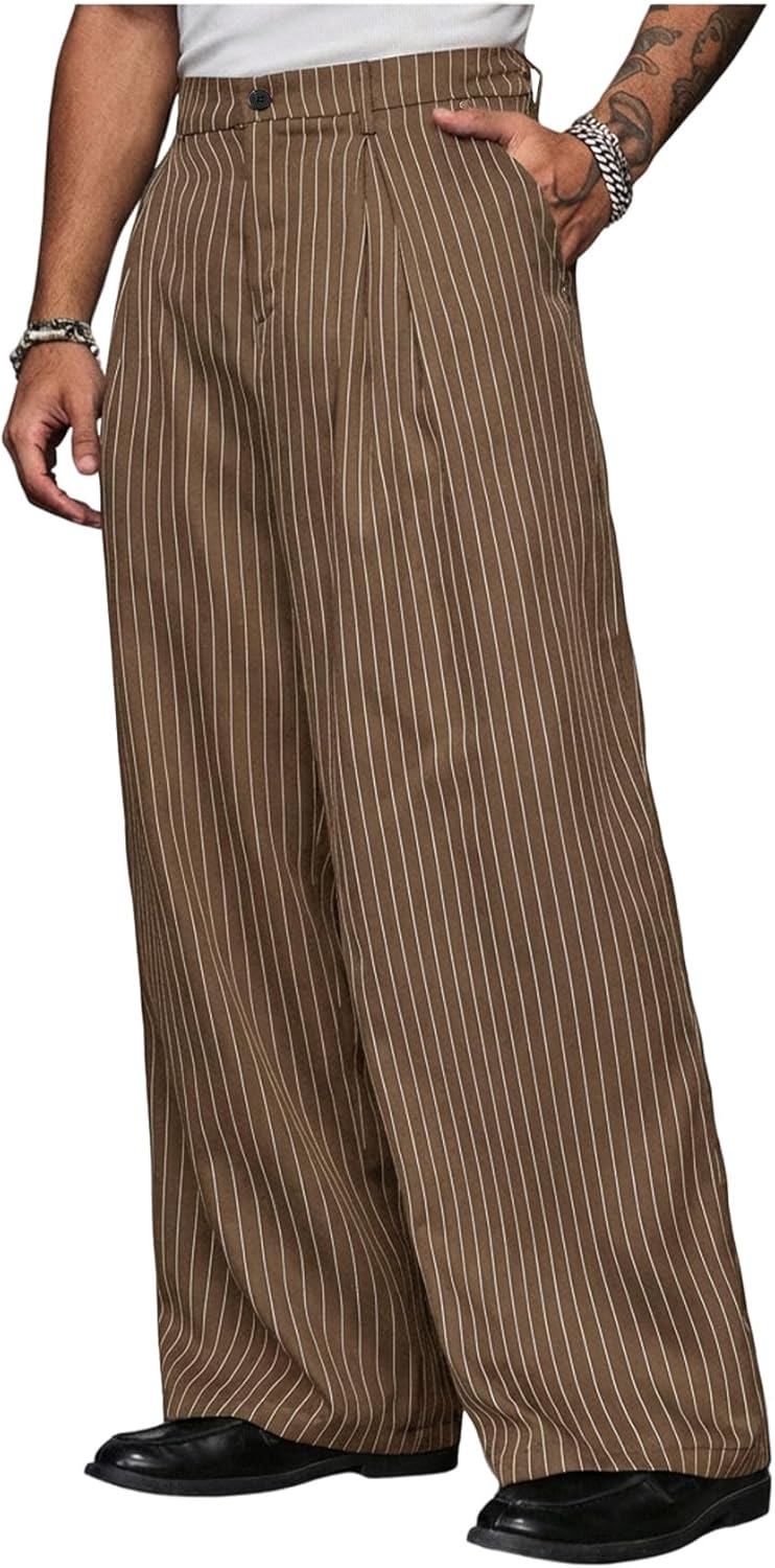BEAUDRM Men's Baggy Dress Pants Striped Pleated Straight Leg Zipper Fly Casual Office Suit Pants with Pockets Slacks for Men
