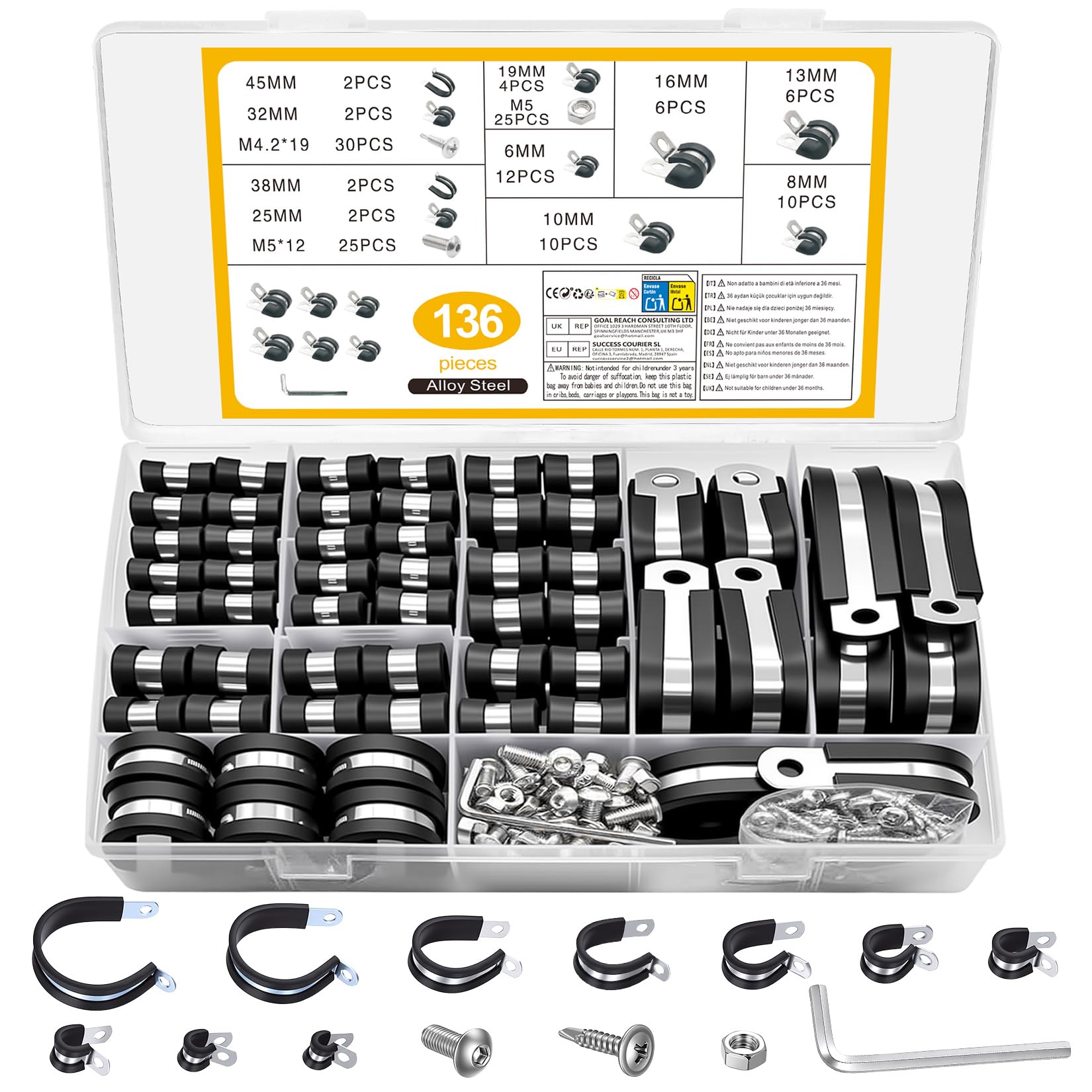 136 Pcs Rubber Lined P Clips, Stainless Steel Pipe Clips, Metal Hose Pipe Clamps, Hose Clamps, Wire Cable Clamps, 6mm 8mm 10mm 13mm 16mm 19mm 25mm 32mm 38mm 45mm โ image 1