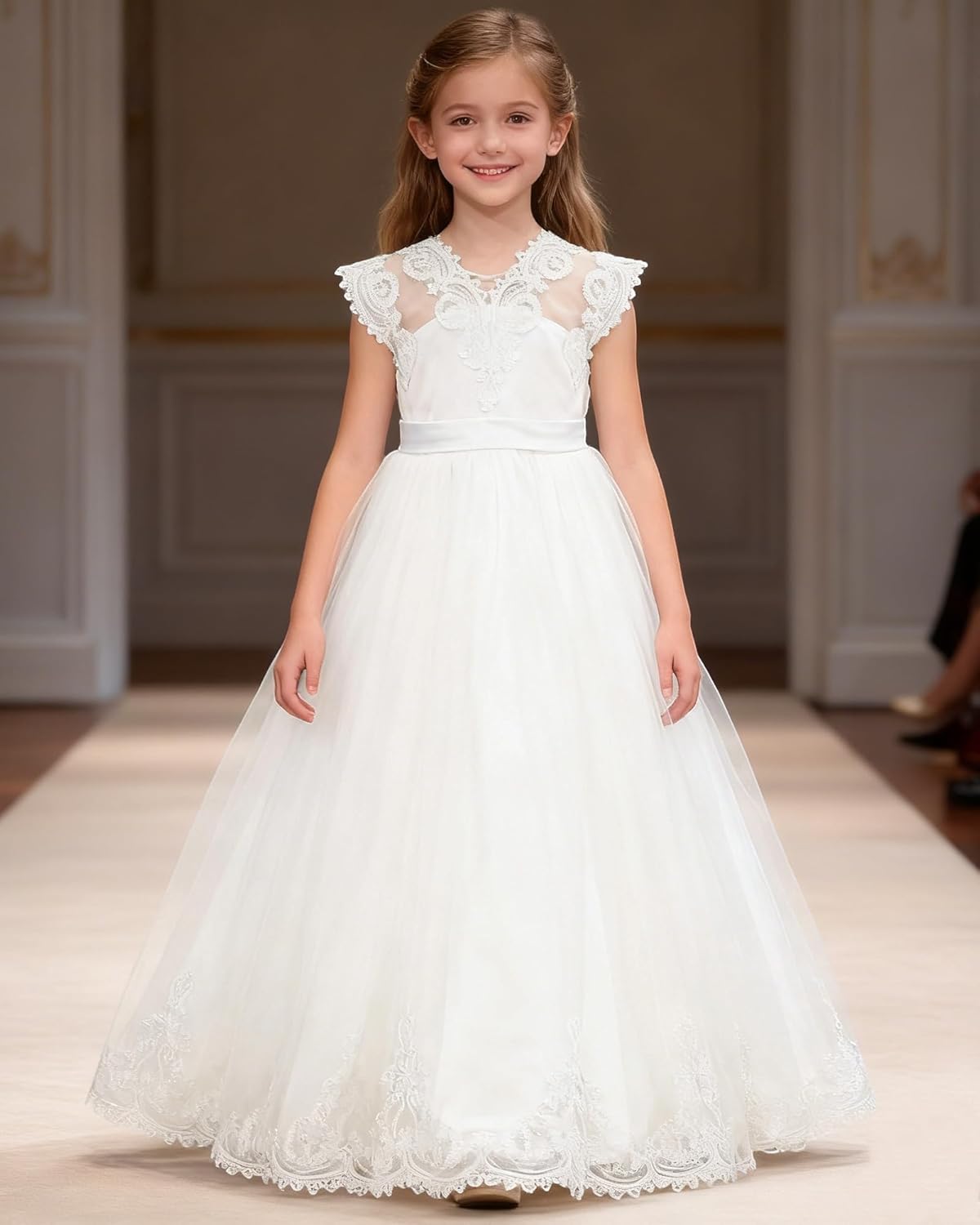 YALLET Flower Girl Dress Satin Sleeveless Back V-Neck Girls Formal Dress Lace Tulle Girls Ball Gown with Bow for Wedding Prom