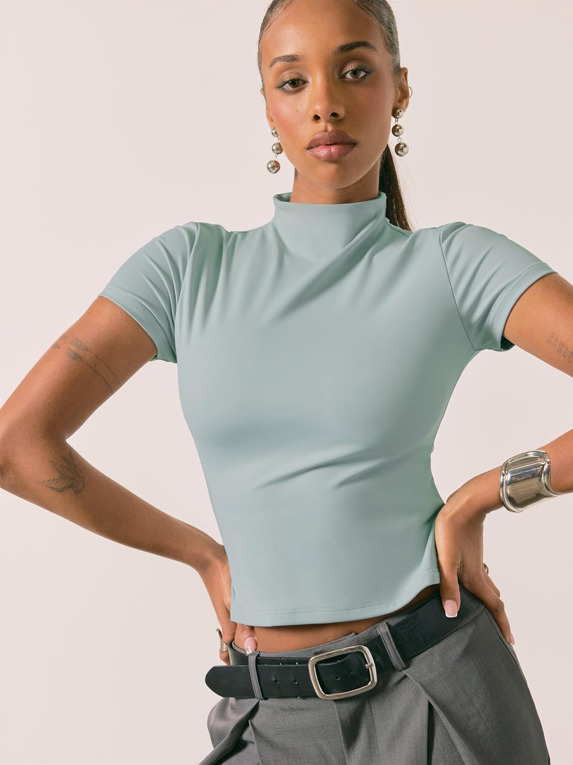 CIDER High Stretch Double Layered Turtle Neck Solid Short Sleeve Top