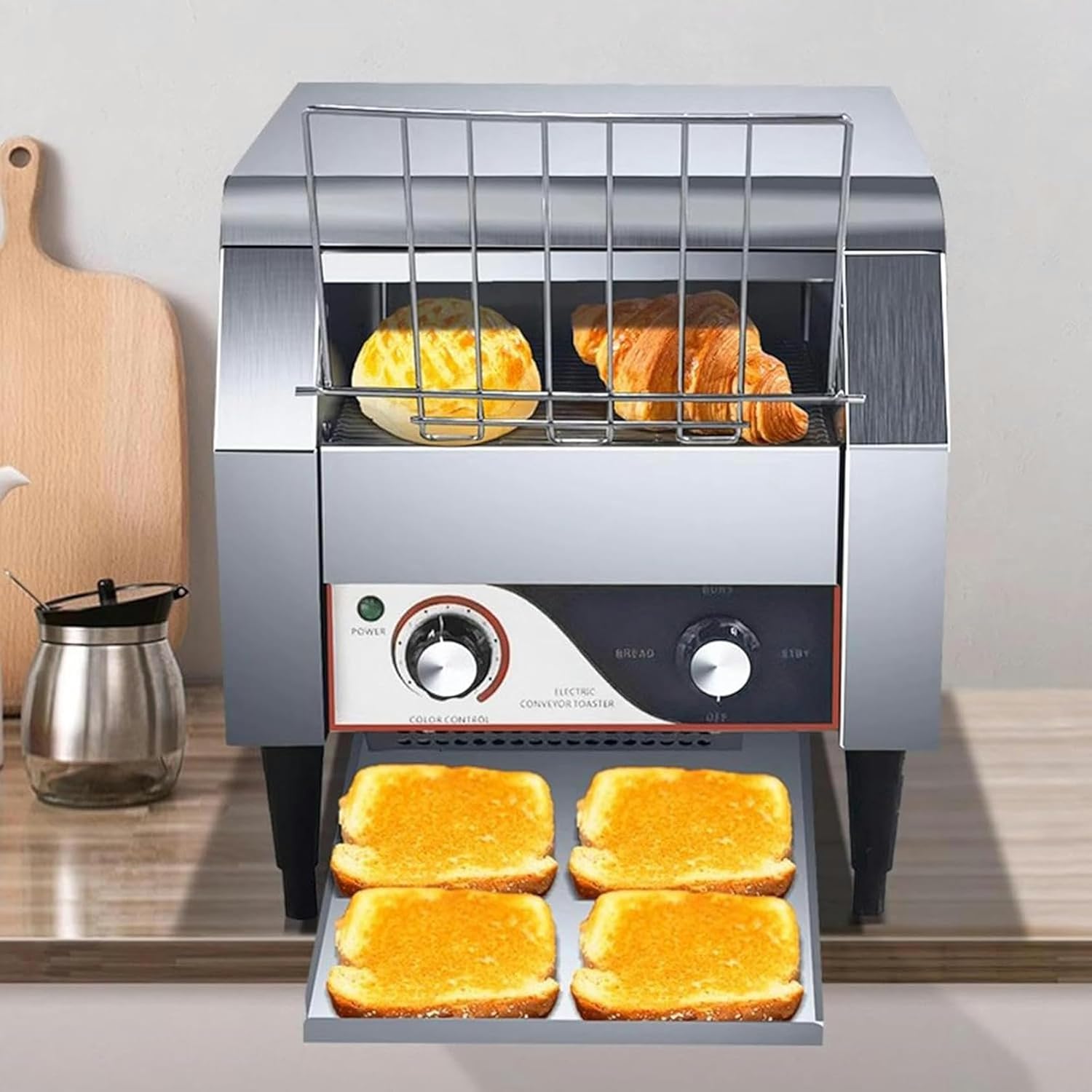 Electric Conveyor Toaster, Commercial Bread Machine, with 3 Modes, 7 Heating Levels, Stainless Steel Chain Toaster (375 * 420 * 385mm)