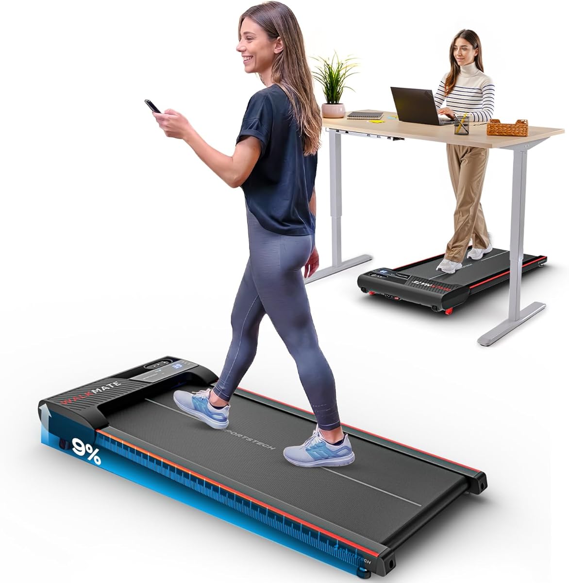 Sportstech Walking Pad Jusqu’à 6 km/h – Inclinaison Manuelle Jusqu’à 5 %, télécommande et Commande Via appli, écran LCD, podomètre, léger et Compact, roulettes de Transport, WalkMate Jusqu’à 120 kg