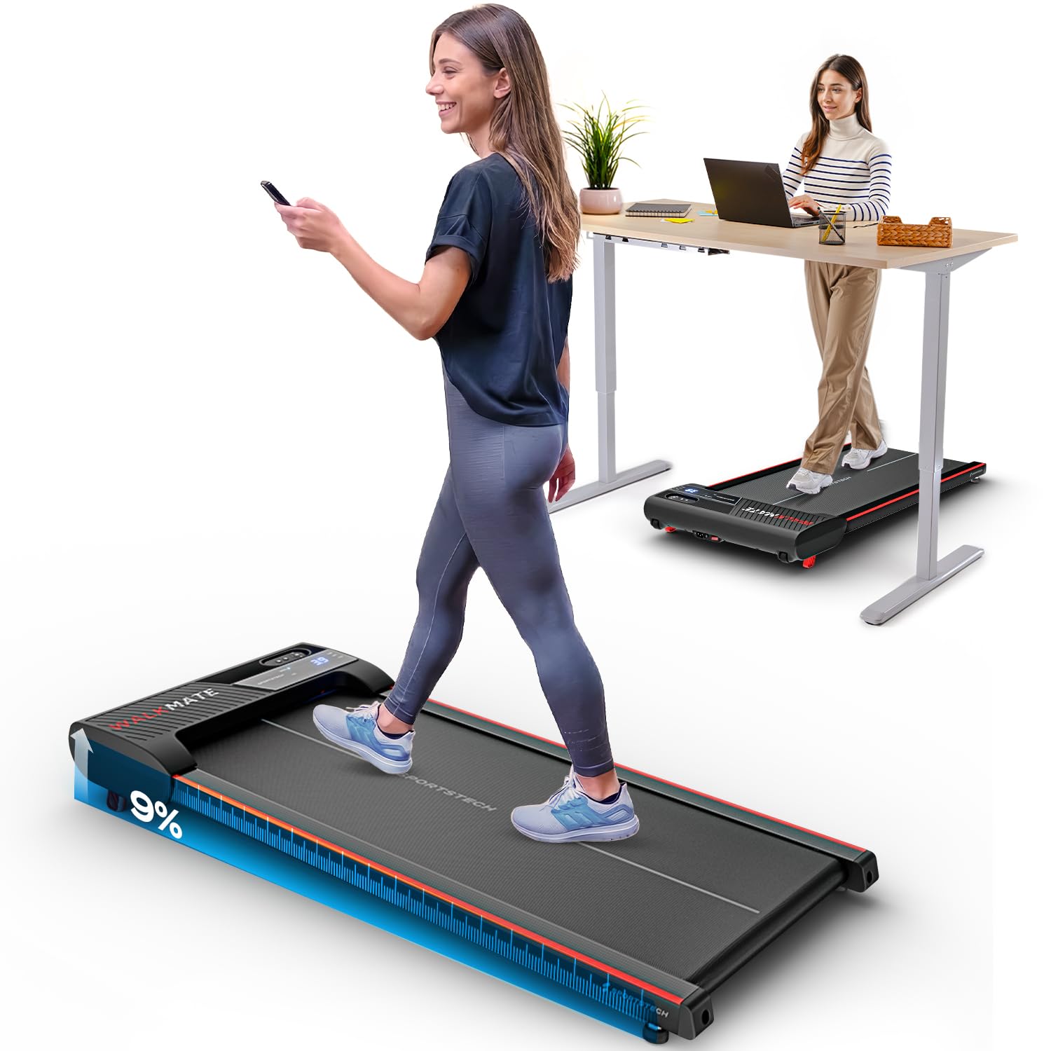 Sportstech Walking Pad Jusqu’à 6 km/h – Inclinaison Manuelle Jusqu’à 5 %, télécommande et Commande Via appli, écran LCD, podomètre, léger et Compact, roulettes de Transport, WalkMate Jusqu’à 120 kg