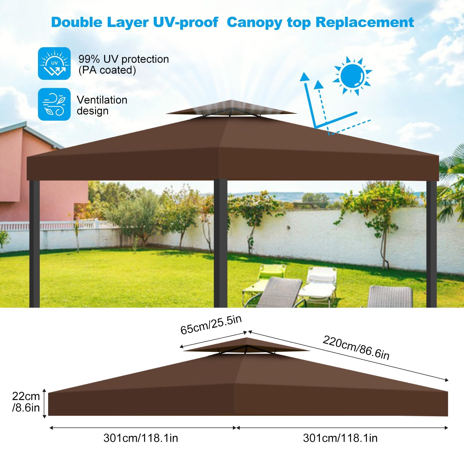 Toit de Remplacement pour Tonnelle 3x3m Imperméable et Protection Solaire, Double Ventilation Toile de Rechange pour Pavillon pour Jardin, Camping et Terrasse (Marron)