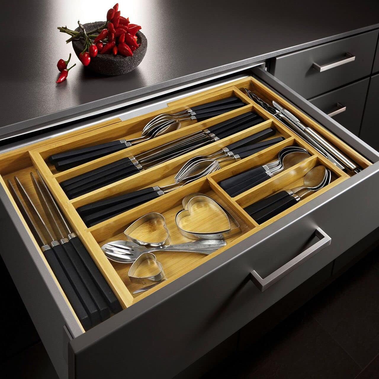 Bamboo Cutlery Tray Expandable Utensil Drawer Kitchen Organizer Insert ...