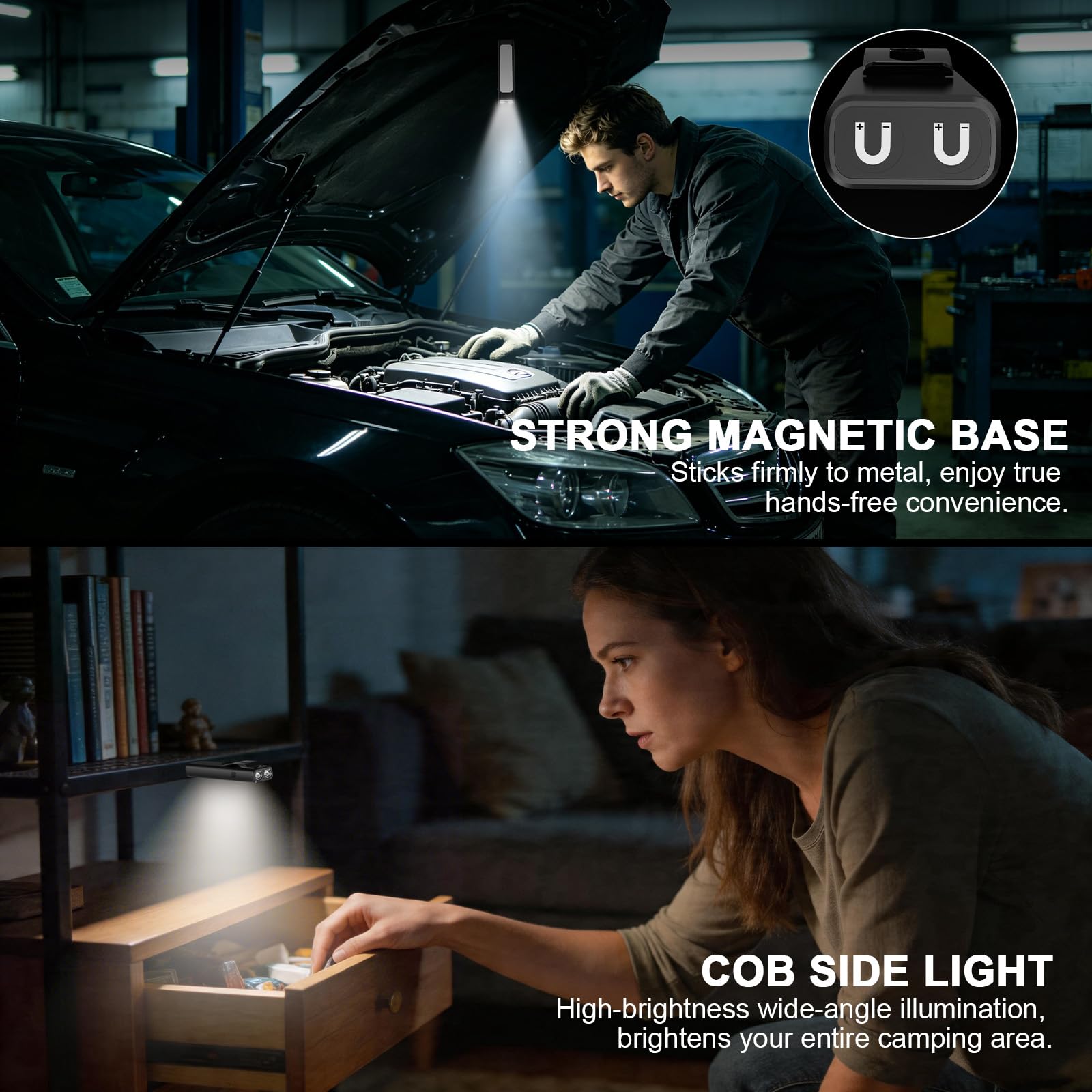 AdamStar Linterna plana recargable EDC, altos lúmenes con 9 modos, luz de trabajo magnética portátil con combo COB para trabajar, acampar (paquete de 2)