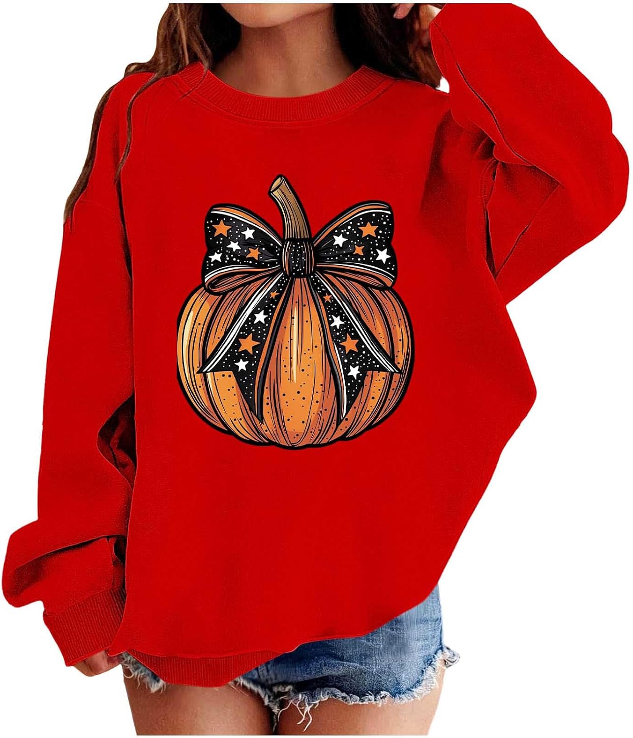 Girls Cute Bow Spooky Pumpkin Halloween Crewneck Sweatshirt Pullover Top