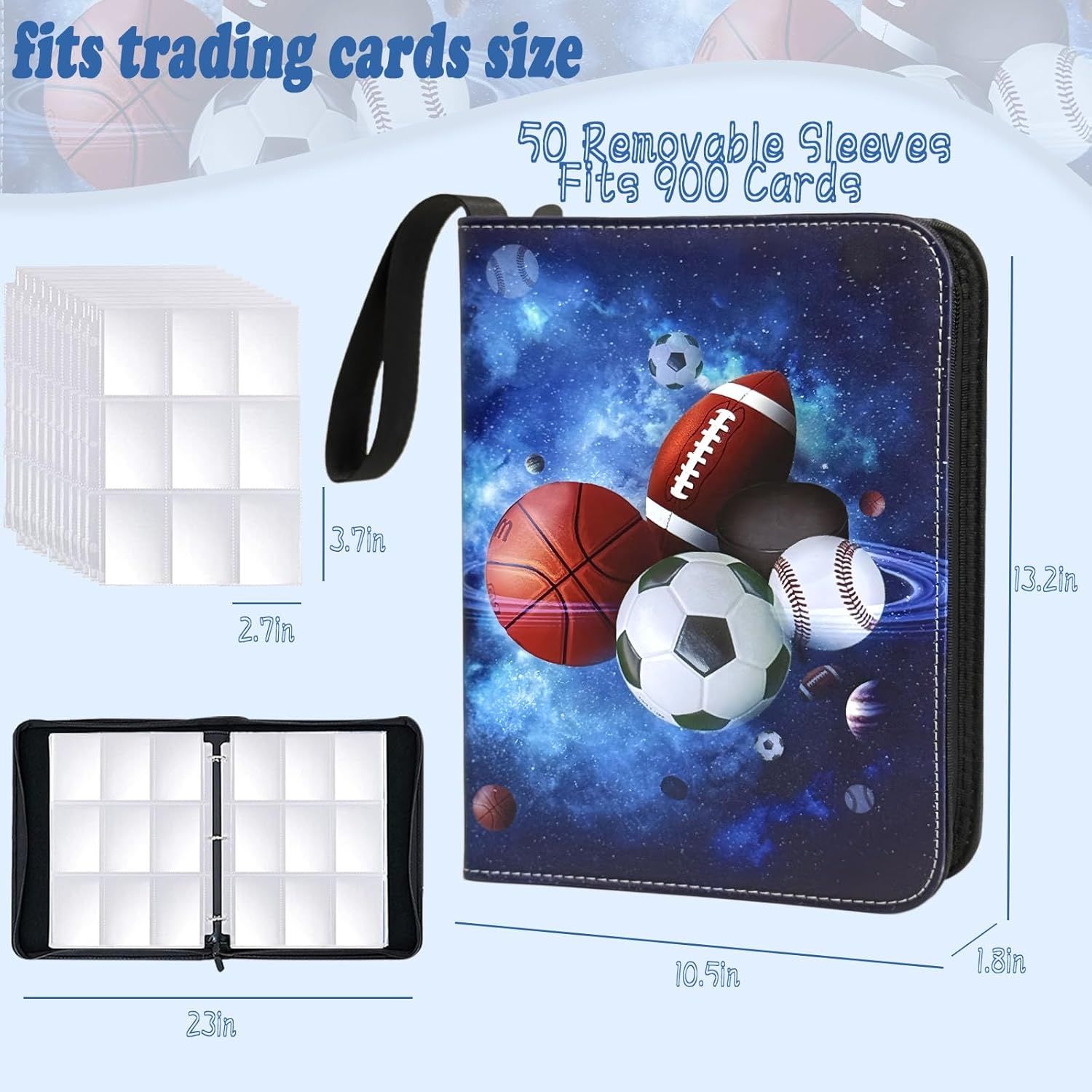 Sports Card Binder 900 Pockets, Trading Card Binder 9 Pocket with 50 Sleeves Fits 900 Sport Cards, Sports Card Holder with Zipper, Football Basketball Hockey Baseball Card Collection Storage Album