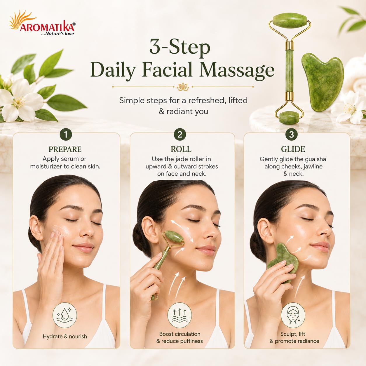 Aromatika Jade Roller & Gua Sha Set – Natural Himalayan Green Jade Facial Massage Tools for Face, Neck & Eyes – Cooling Skin Care, Reduce Puffiness & Support Relaxation 1