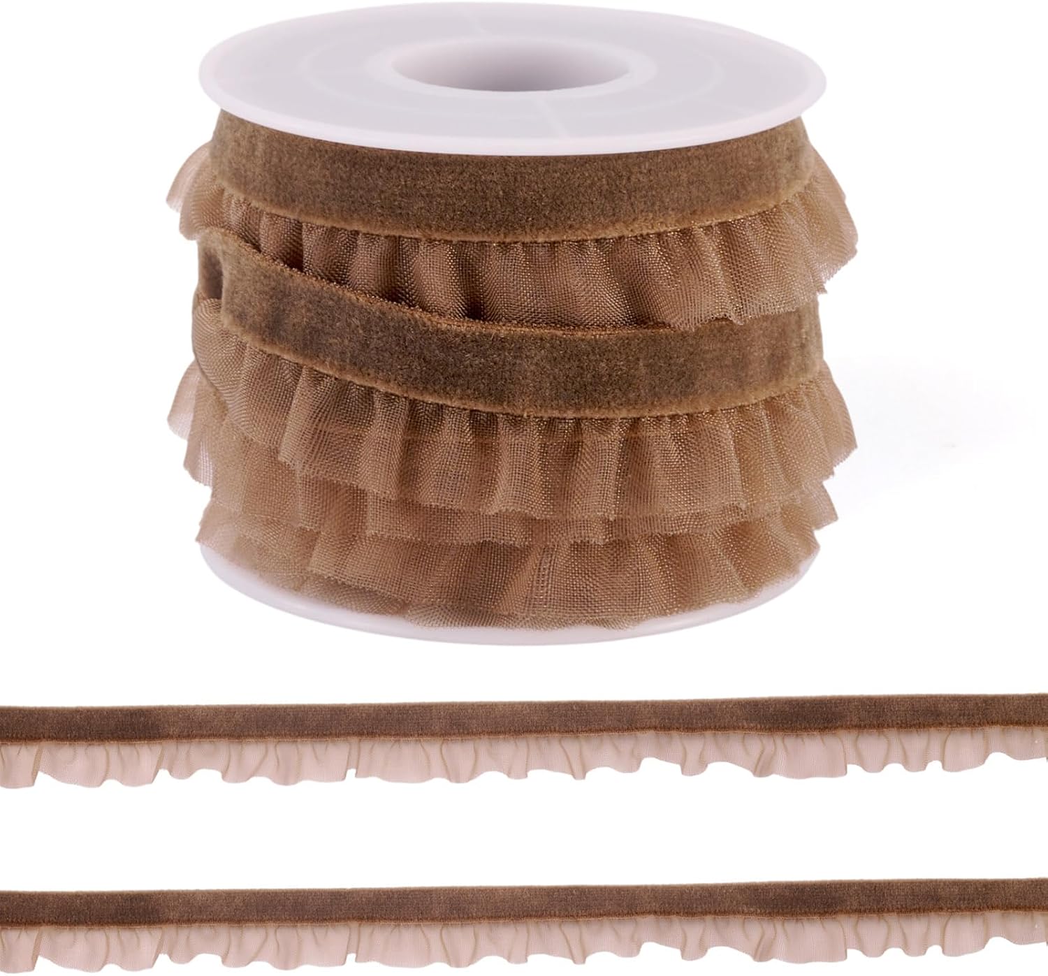 FASHEWELRY 1 Roll Velvet Ruffle Lace Ribbons 5/8 inch Elastic Camel Velvet Organza Ribbon 5 Yards Pleated Ruffle Lace Trims for Sewing Making Gift Wrapping Wedding Christmas Decor