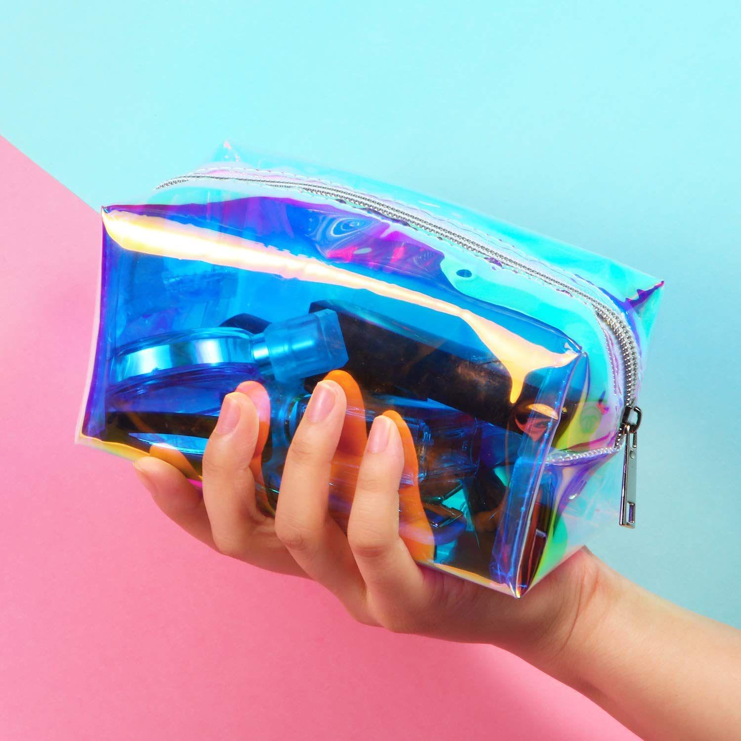 Boao 2 Pcs Clear Iridescent Holographic Makeup Bag Glitter Travel Cosmetic Pouches Toiletry Bag with Zipper Toiletry Organizer Case for Purse Diaper Beach Office Gift(Plain)