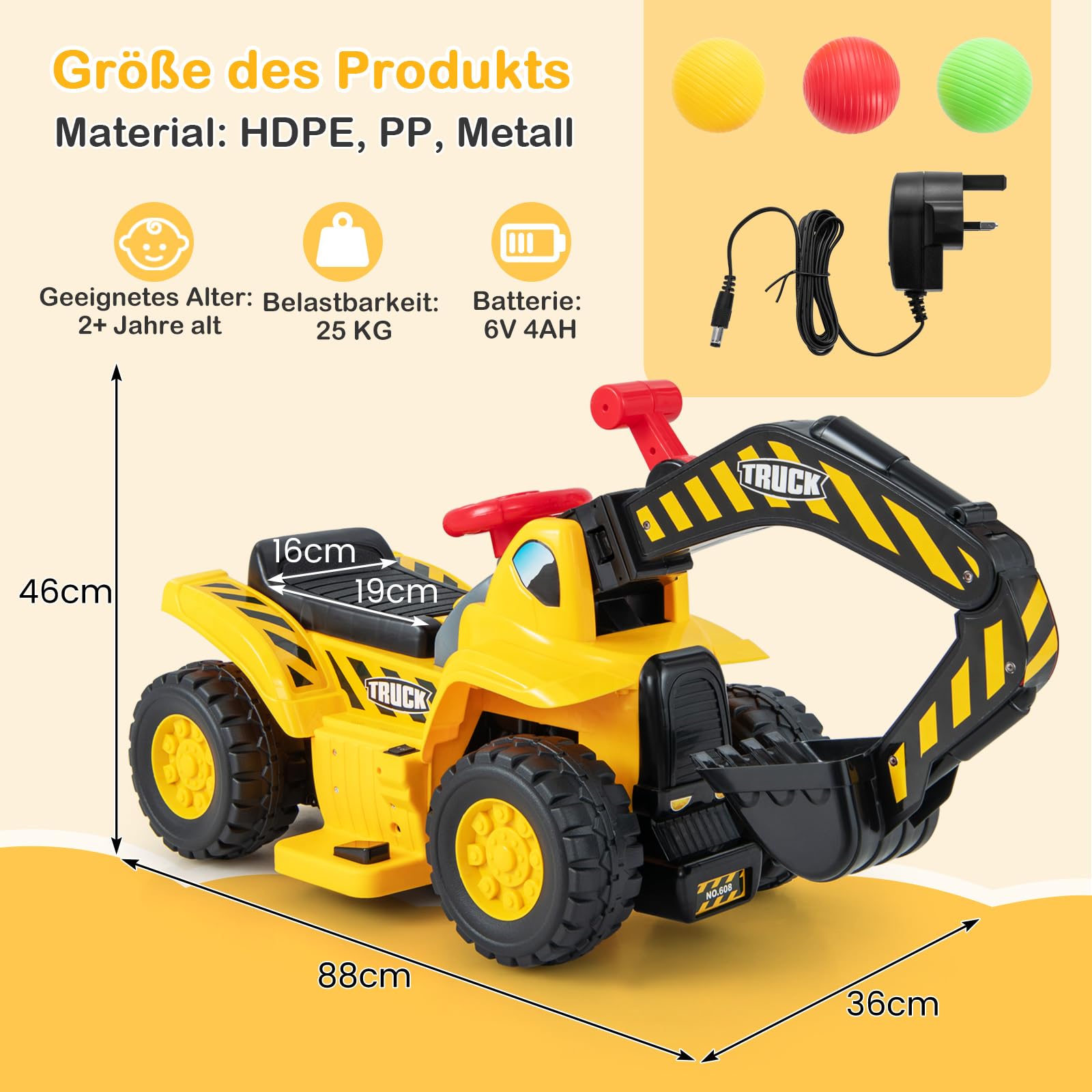 COSTWAY Elektro Bagger, Sitzbagger mit Hupe & Sound, für Kinder ab 2 Jahre | Stauraum unter den Sitz, Kinderbagger mit Basketballkorb, Bagger zum draufsitzen, 6V Sandbagger Aufsitzbagger, inkl. 3 Bälle