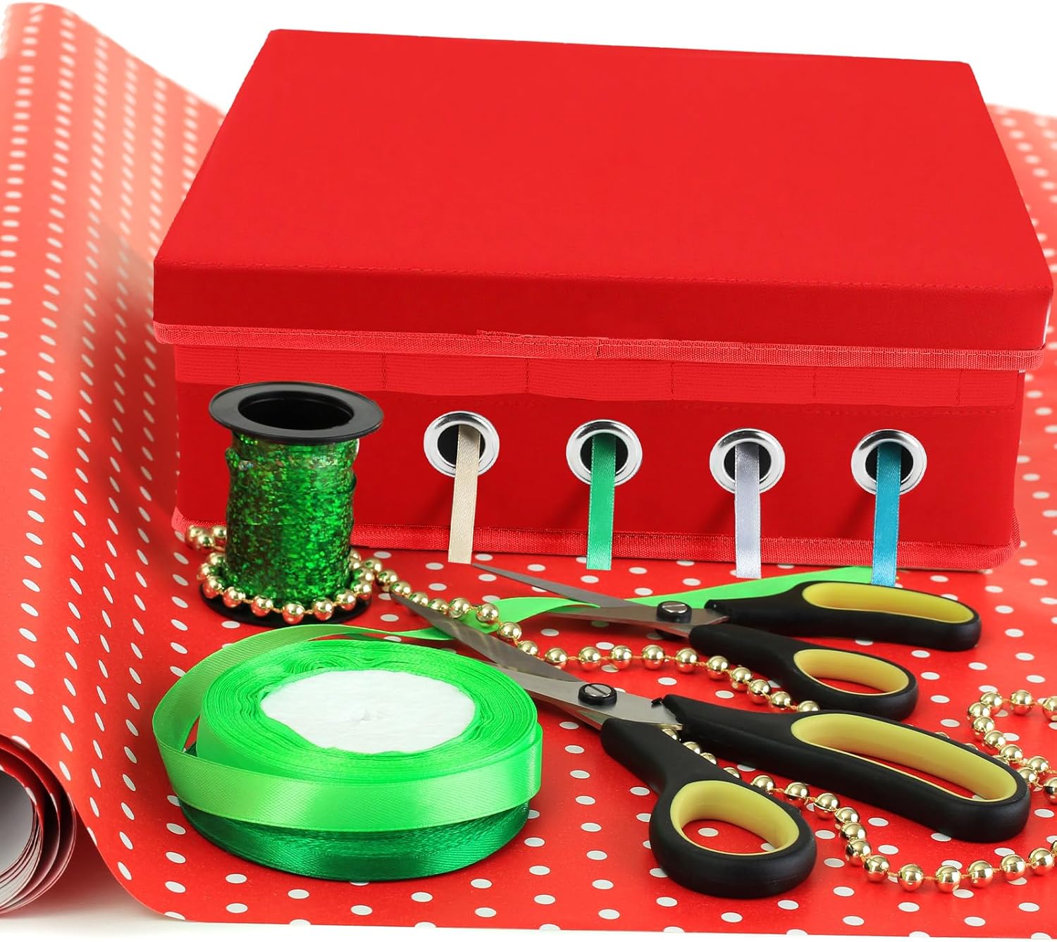 Cinnvoice 2 Pack Christmas Ribbon Organizer Container Box with Lid Gift Ribbon Organizer 11" x 14" x 5" for Craft Room (Red,B)