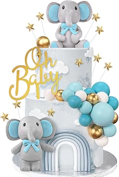 43 PCS Blue Elephant Cake Decoration Cute Baby Elephant Cake Decorations Cake Topper Star Cake Topper Blue Pearl Balls Cake Picks for Baby Shower Boy Elephant Theme Party Supplies