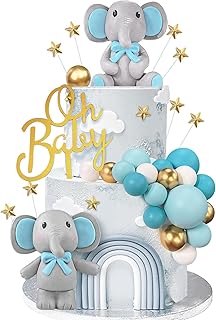 43 PCS Blue Elephant Cake Decoration Cute Baby Elephant Cake Decorations Oh Baby Cake Topper Star Cake Topper Blue Pearl Balls Cake Picks for Baby Shower Boy Elephant Theme Party Supplies