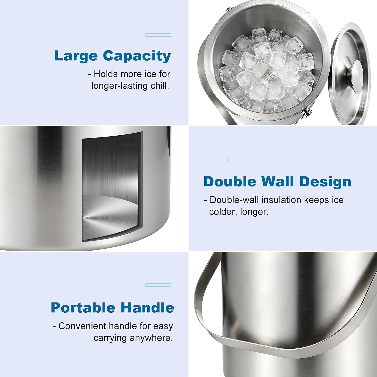 Kochorie 3L Portable Ice Buckets for Parties Double Wall Stainless Steel Ice Bucket with Lid, Scoop, Tongs, Bottle Opener Drink Vacuum Insulated Container for Freezer Cocktail Home Bar Accessories