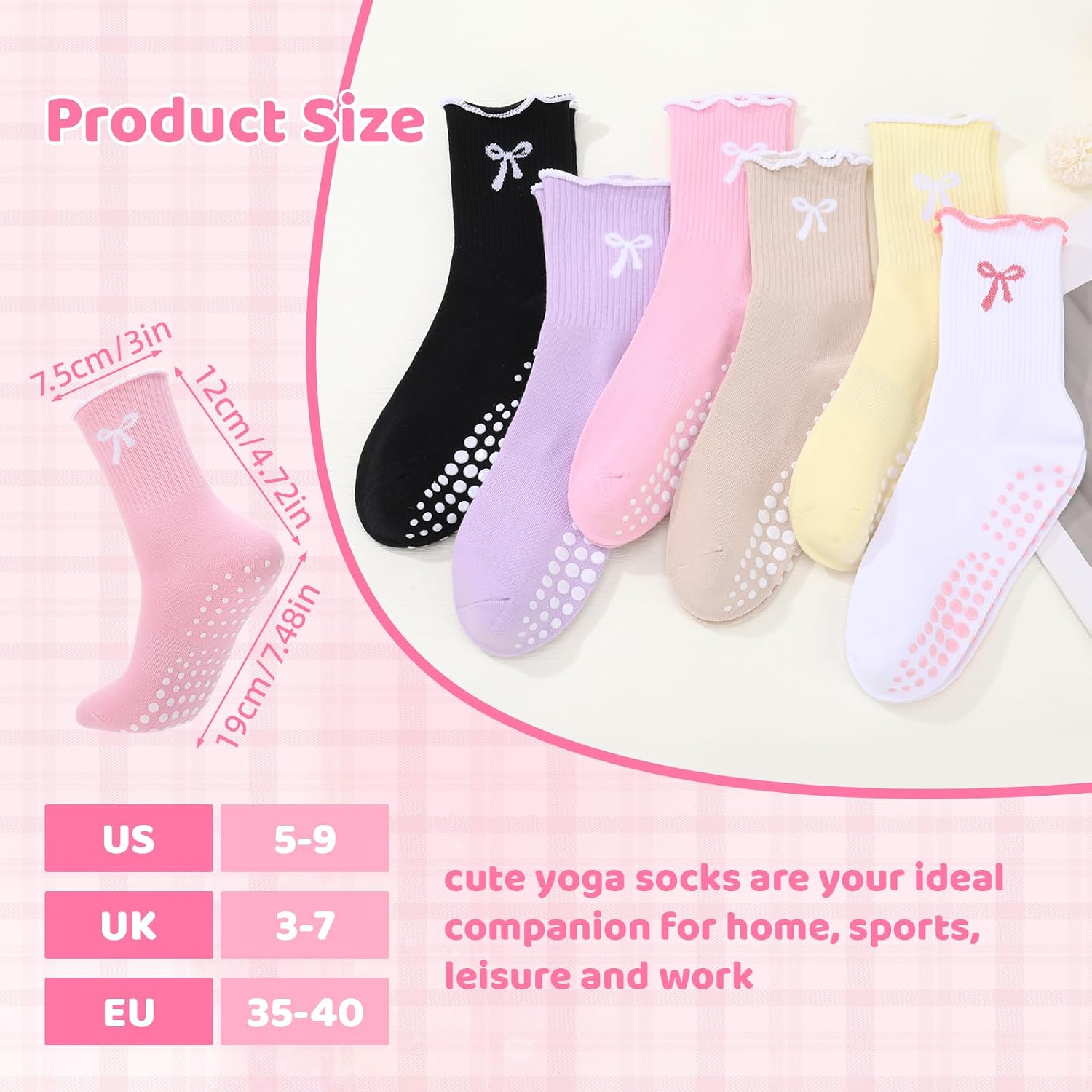 6 Pairs Cute Pilates Socks Yoga Grip Socks for Women | Ruffle Bow Anti Skid Slipper Ballet Athletic Crew Sock for Home Yoga Hospital Barre Gym Dance Workout