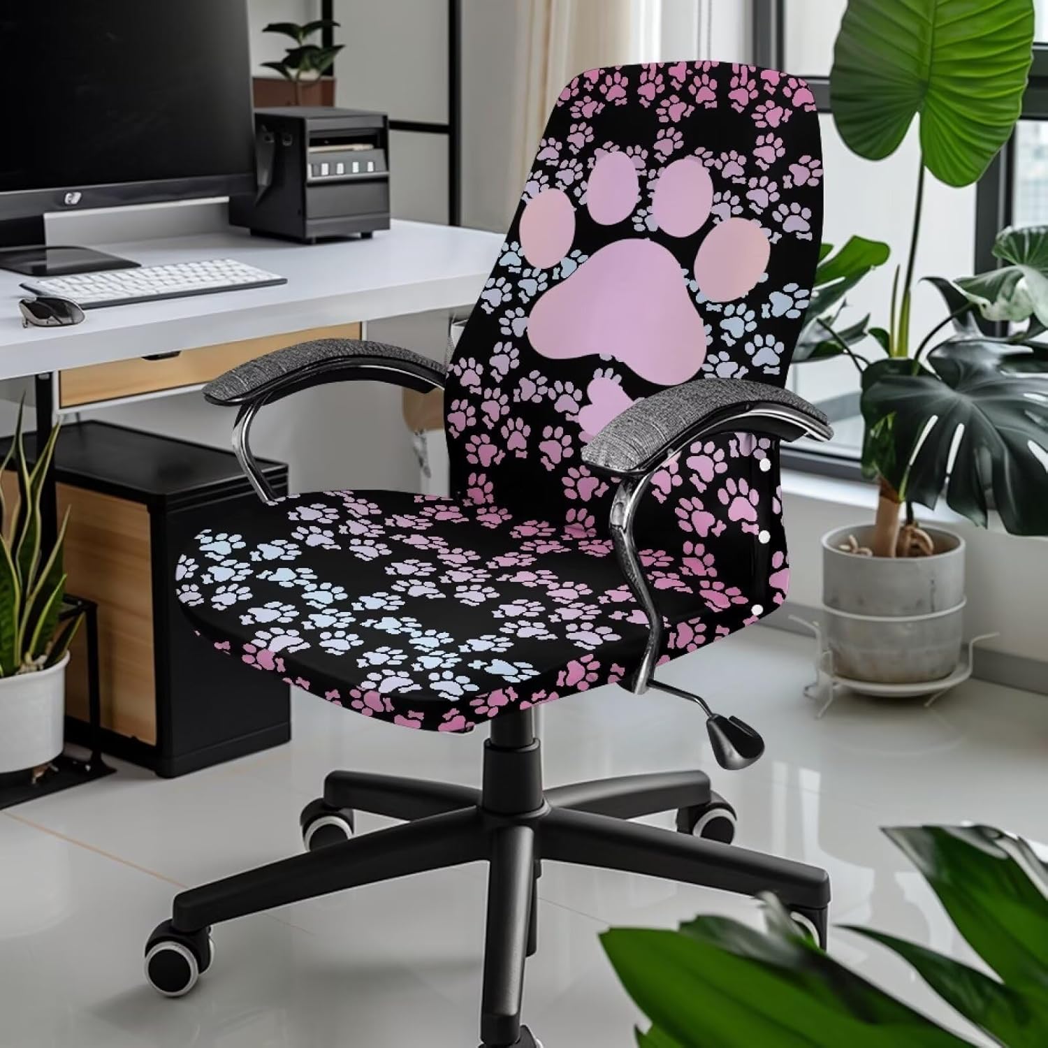 Office Chair Cover, Dog Paws Dustproof Dining Chair Cover Soft Desk Computer Chair Slipcover Breathable Rotating Chair Slipcover for Armchair Chair