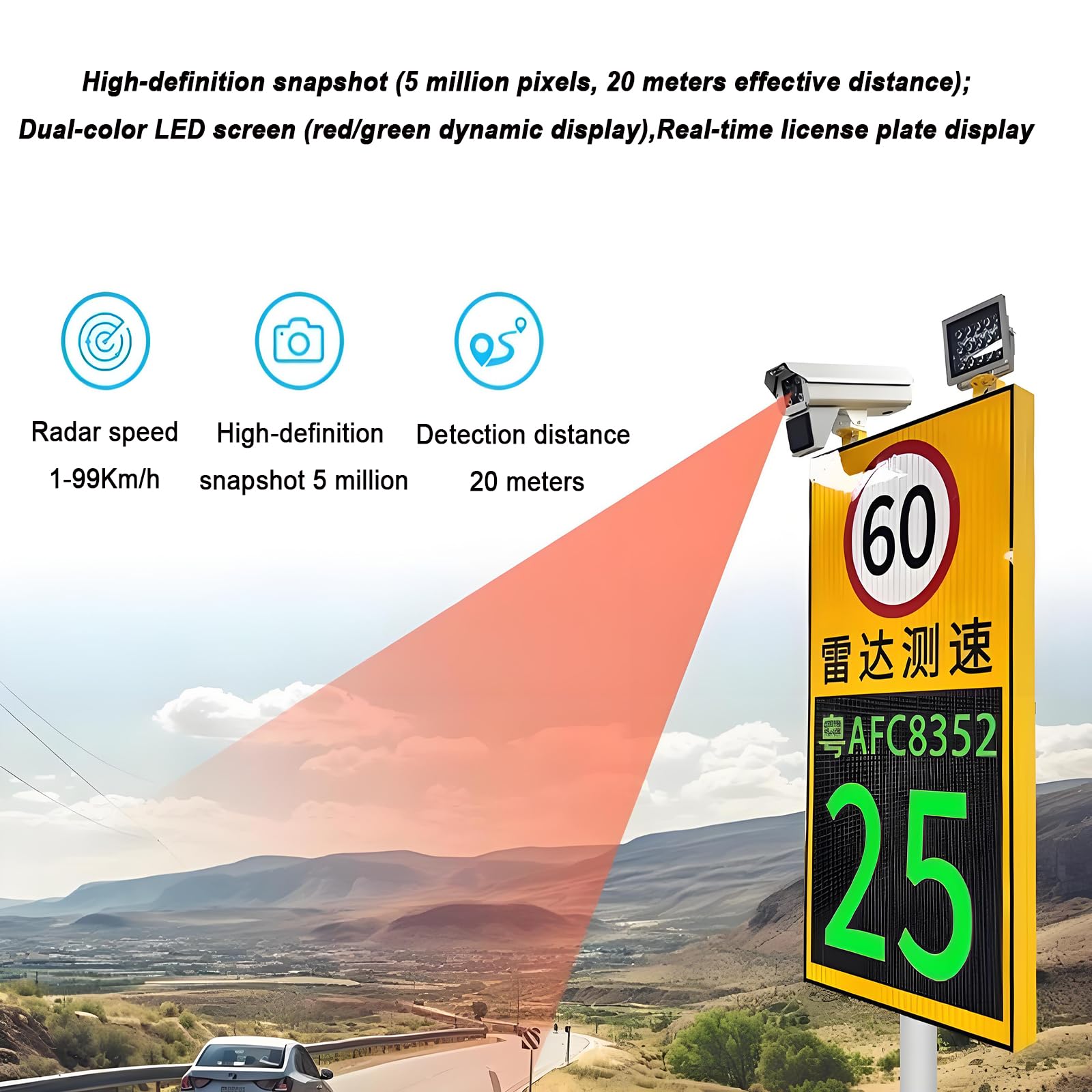 Señal De Radar IP65, Señal LED De Límite De Velocidad con Energía Solar, Límite De Velocidad Configurable, Medición Simultánea 3 Carriles, Recordatorio De Exceso De Velocidad, Carcasa Aluminio