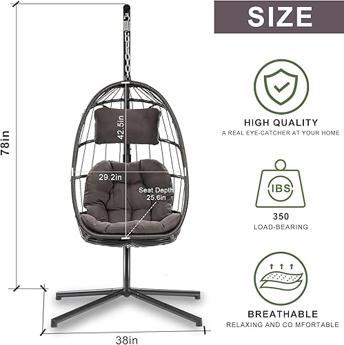 Miniatura 3 de Silla colgante de mimbre para interiores y exteriores, silla de columpio para patio, silla de huevo de patio, cojín resistente a los rayos UV, marco