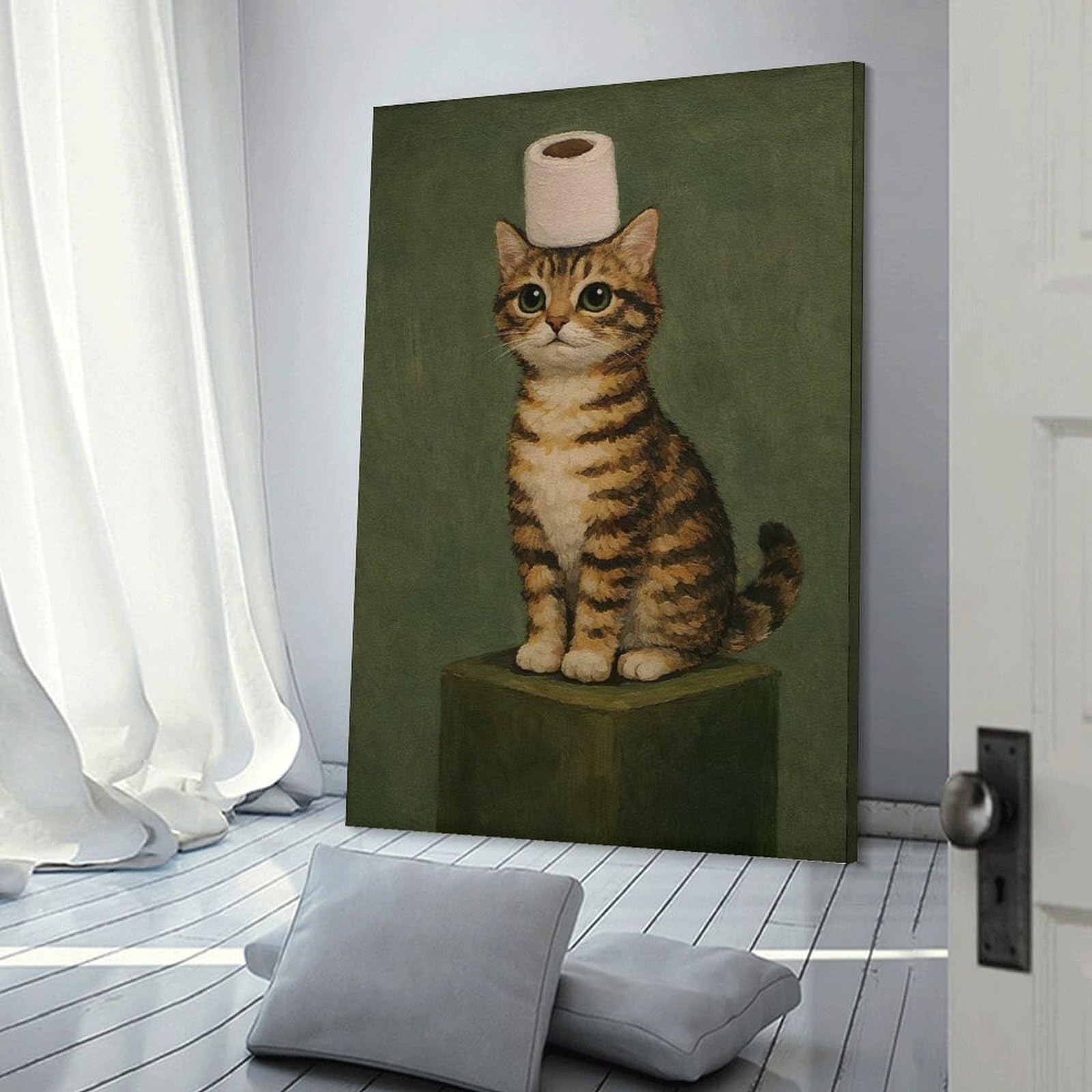 Junmoney Canvas Wall Art Kitten Wearing Toilet Paper Hat, 20x30inch(50x75cm), for Living Room, Bedroom, Office Or Hallway, Decorative Artwork with Broad Appeal