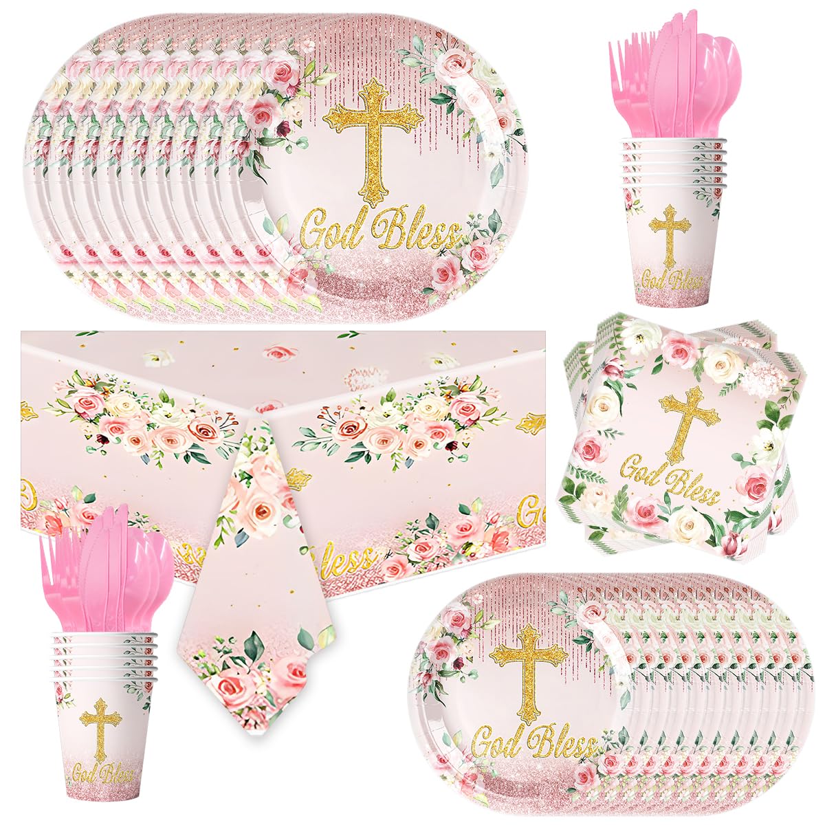 81Pcs Pink God Bless Party Tableware Set Pink First Communion Theme Decoration, Newborn Baptism Church Birthday Party Supplies