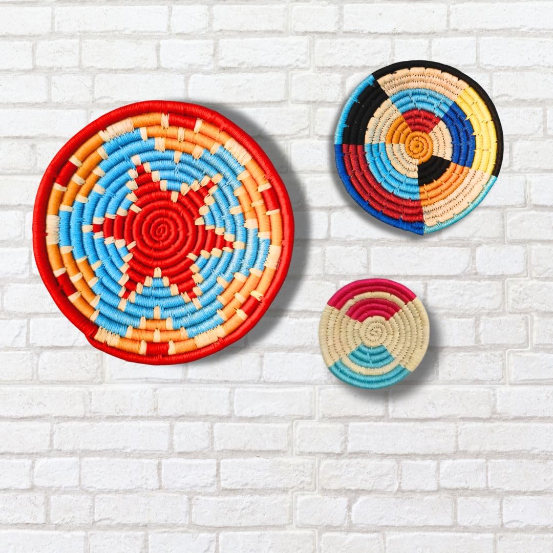 Swadestree Organic Handcrafted Home Decor Wall Art | Sabai Grass Wall Plates & Baskets | Perfect for Gifting - Diwali, Christmas, Ganpati, Anniversary | Multi-Coloured Set of 3