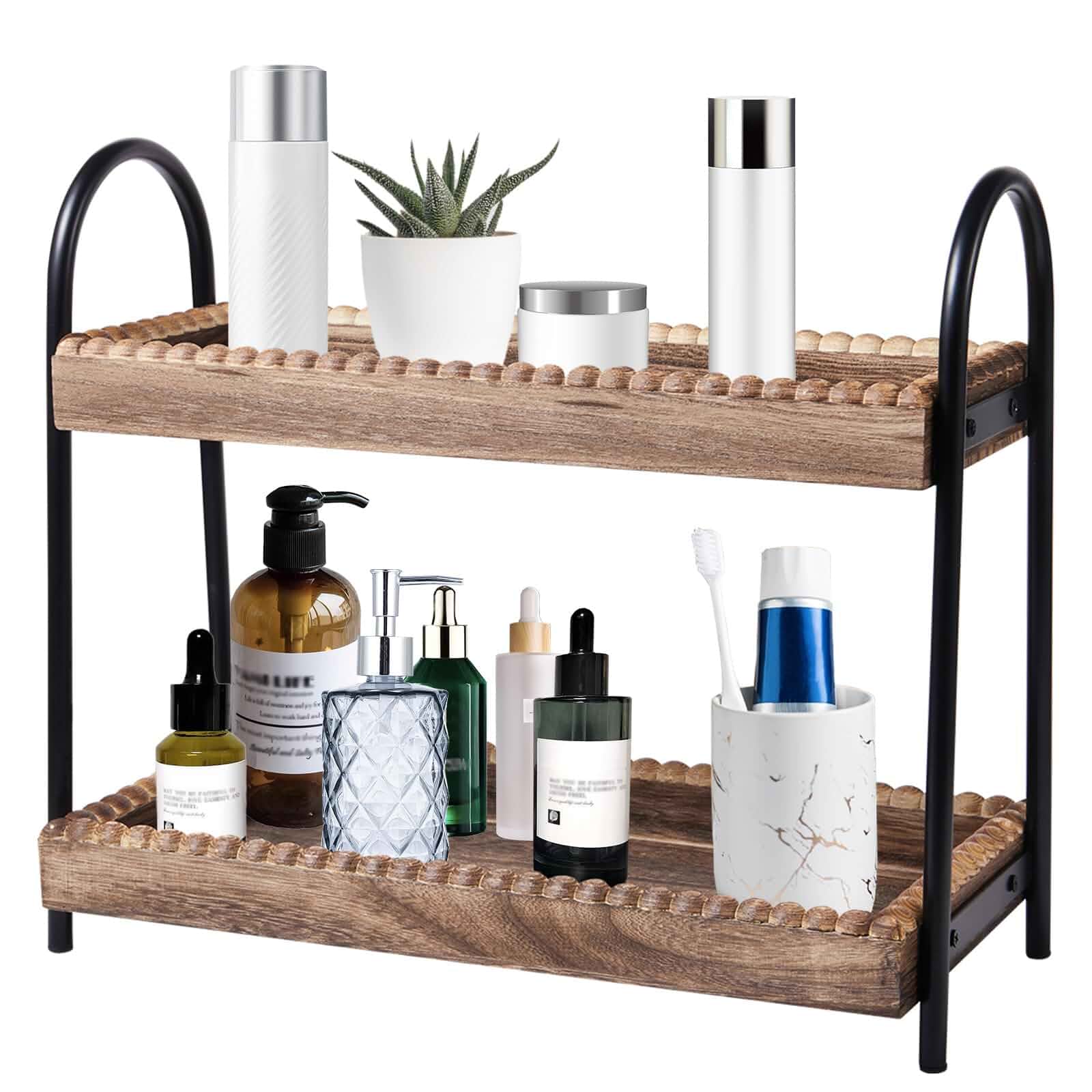 BDBDYEAY Bathroom Countertop Organizer, 2 Tier Vanity Organizer and Storage for Cosmetic Skincare Perfume, Wood Bead Storage Shelf for Bathroom Kitchen Coffee Station Tabletop Mount