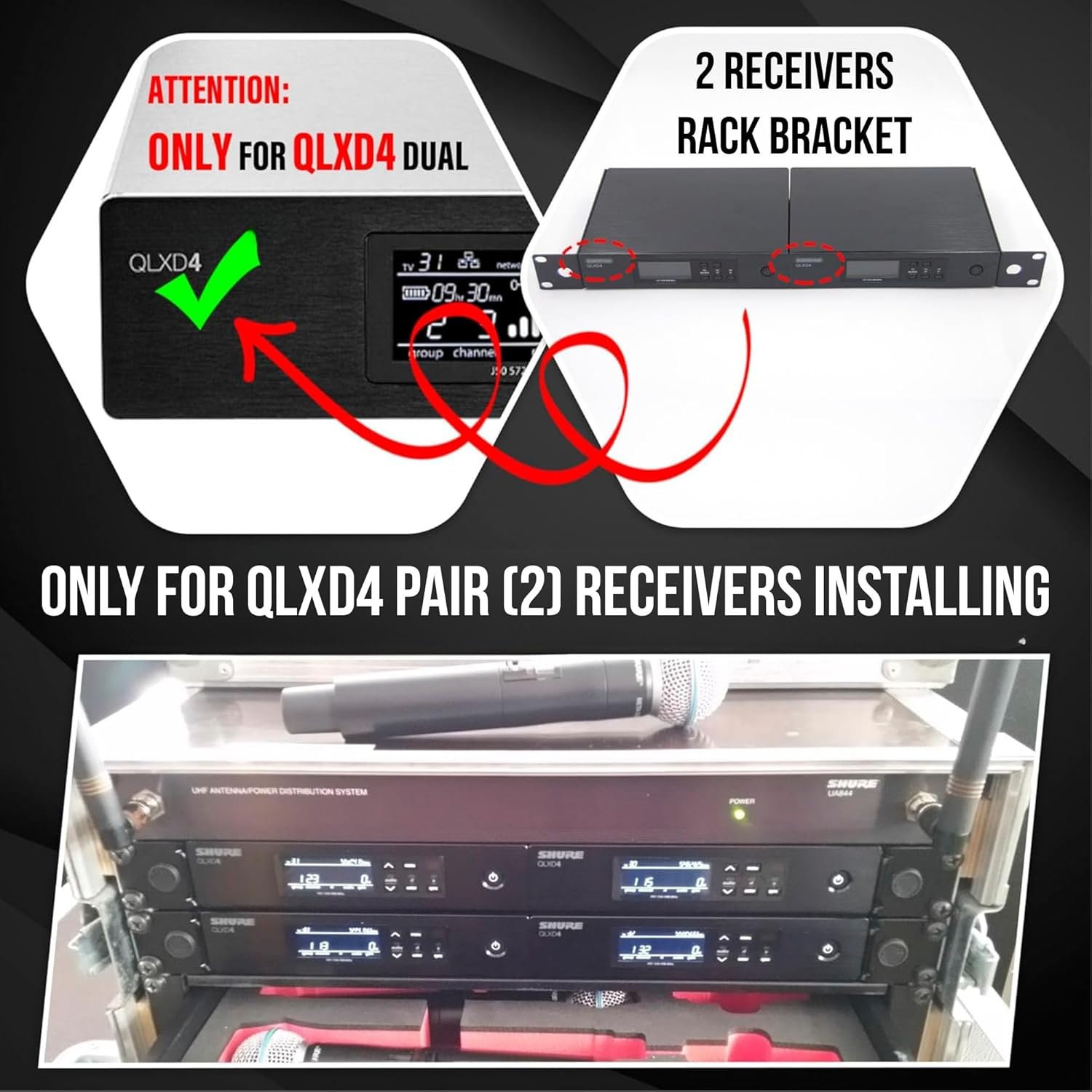RK Rackmount Bracket Kit fit for QLXD4 Dual (2) Receivers Wireless System Mount on 1U Standard 19'' Rack Distribution