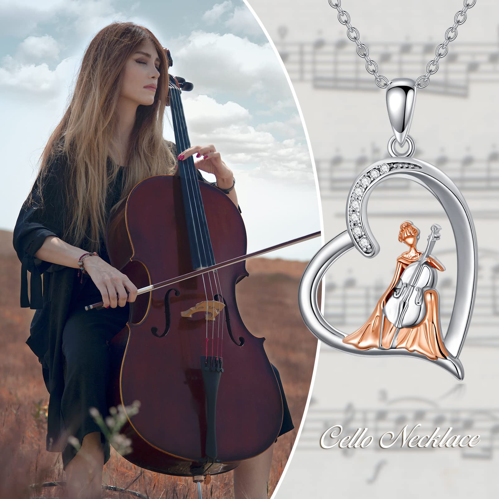 Collar violinista de plata de ley, joyería de cristal para violonchelo violín, regalo de música para mujeres y niñas e hijas, Plata esterlina, Sin gemas.