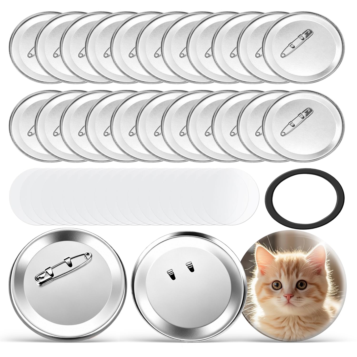 Kit 100 Vuote Creazione Bottoni grezzi da 58 mm fai da te, Spille Personalizzate, Spilla Personalizzata, Pellicola PVC e Distanziatore, Facili da Realizzare,Compatibile con Macchine per Badge 58mm