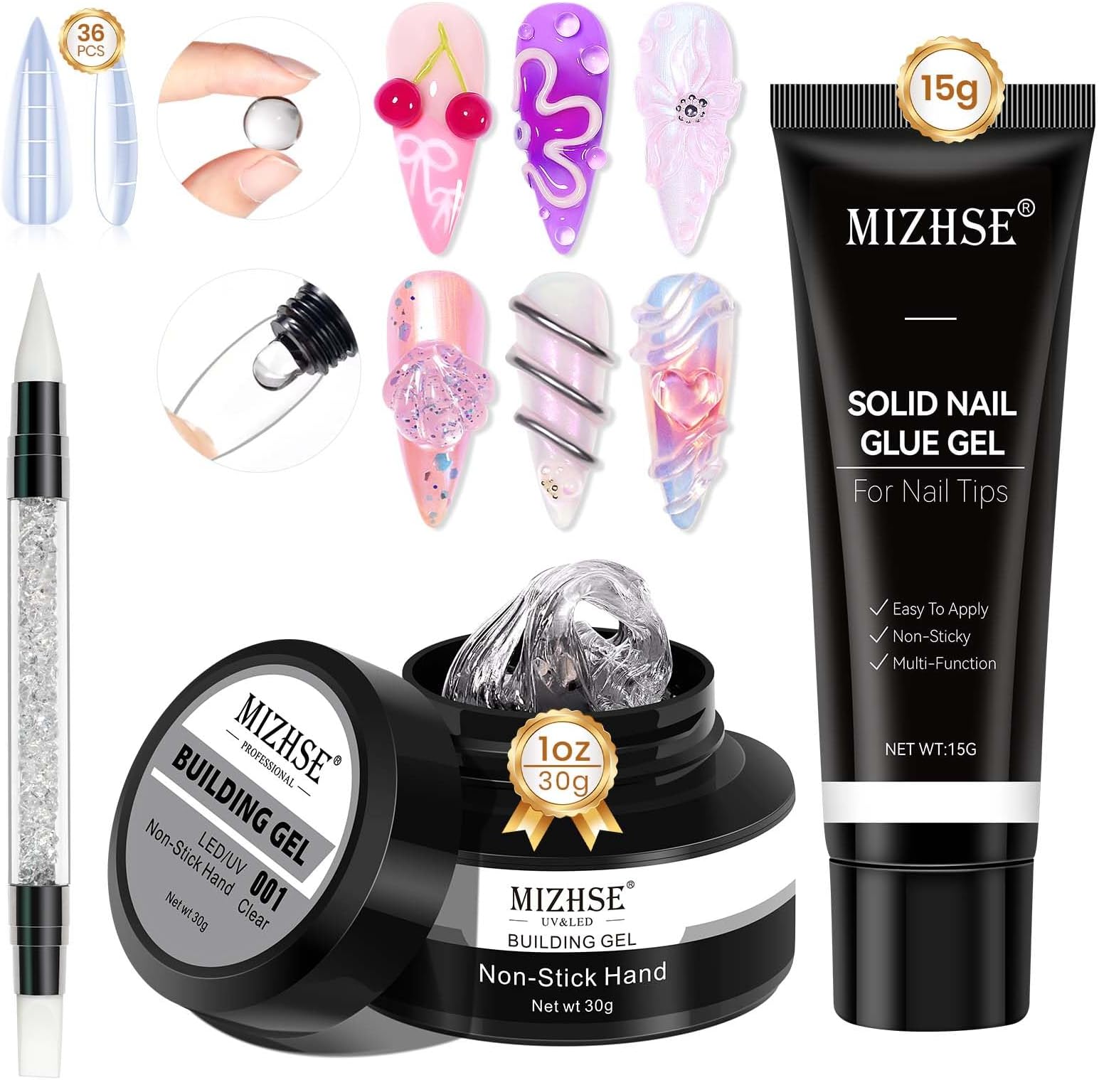 MIZHSE 30g Solid Builder Gel for Nails and Solid Nail Glue Gel, Clear Non-sticky Hard 3D Sculpting Glue for Press on Nails Manicure DIY at Home Salon