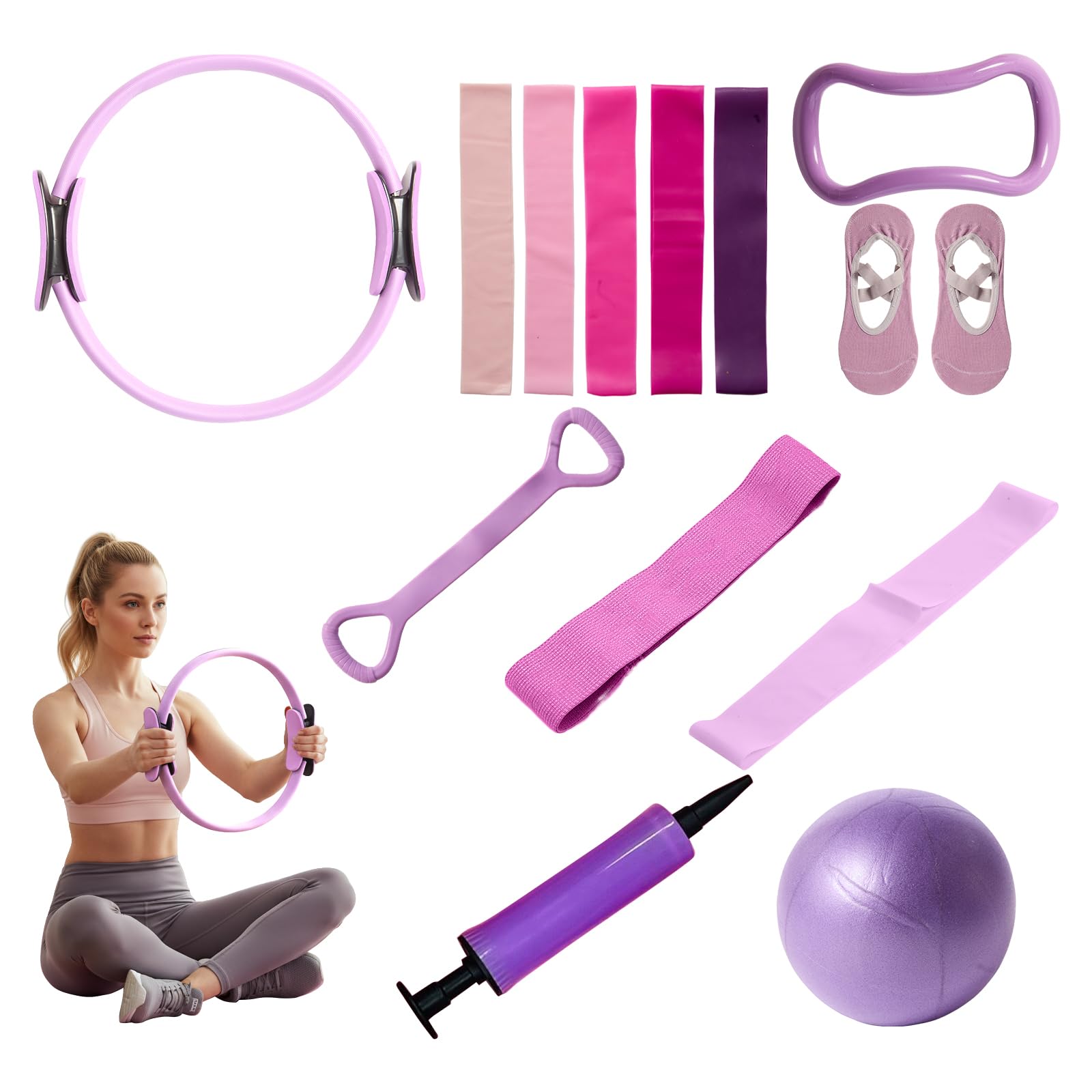 LN COZY CORNER Pilates Equipment Set for Women, Portable Home Yoga Kit with Yoga Ring, Ball & Resistance Bands for Full Body Workout, Multi-Functional Pilates Accessories Set (Purple, 14-pcs)