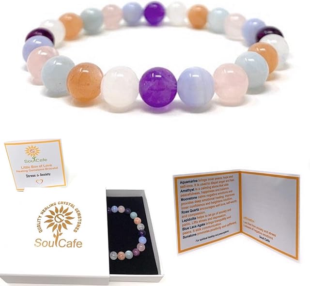Stress and Anxiety Power Bead Bracelet - Crystal Gemstones - Gift Box and Tag - Moonstone, Lepidolite, Blue Lace Agate, Amethyst, Aquamarine, Rose Quartz, Sunstone