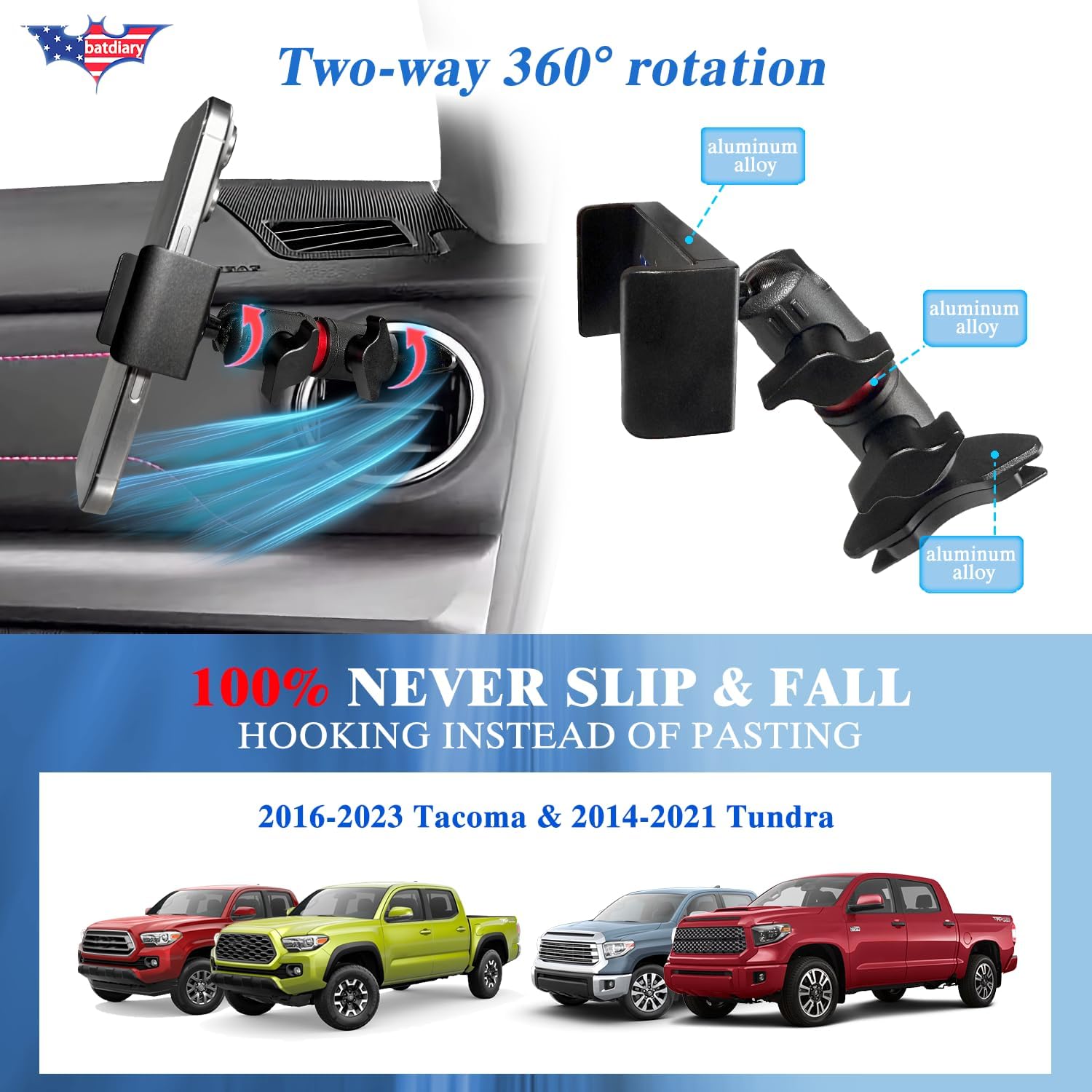 Tacoma Tundra Vent Phone Mount for 2016-2023 Toyota Tacoma 2014-2021 Tundra Accessories | Aluminum Telescopic Air Vent Phone Holder | Thick Case Friendly Car Mount for iPhone 16/15 Pro Max, Galaxy S24