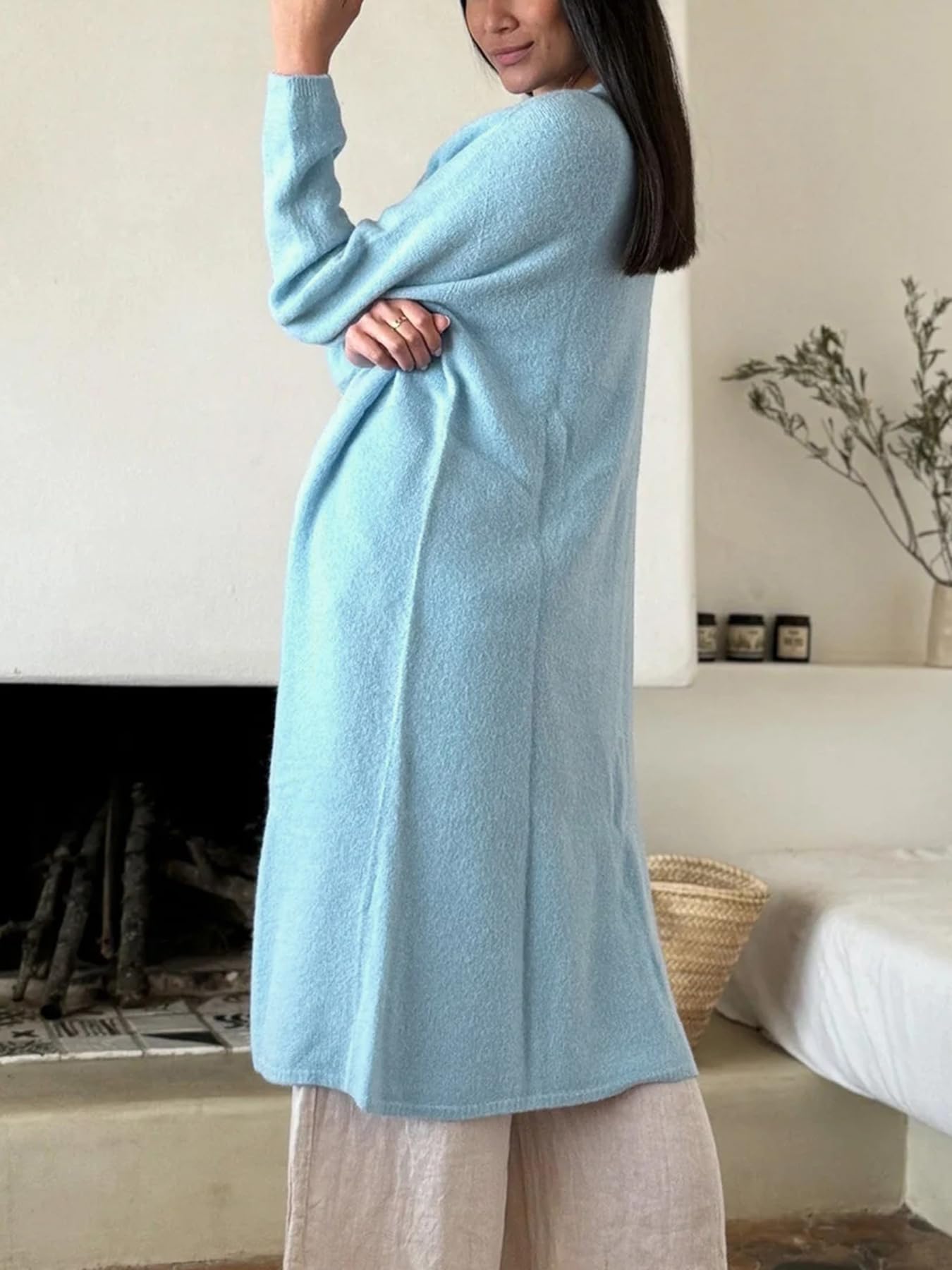 Gilet Long pour Femme Pull Ouvert sur Le Devant Manches Longues Style Maxi | Bleu Clair Ample Décontracté en Maille Épaisse Idéal pour L'Automne l'hiver Les Voyages Et Le Quotidien