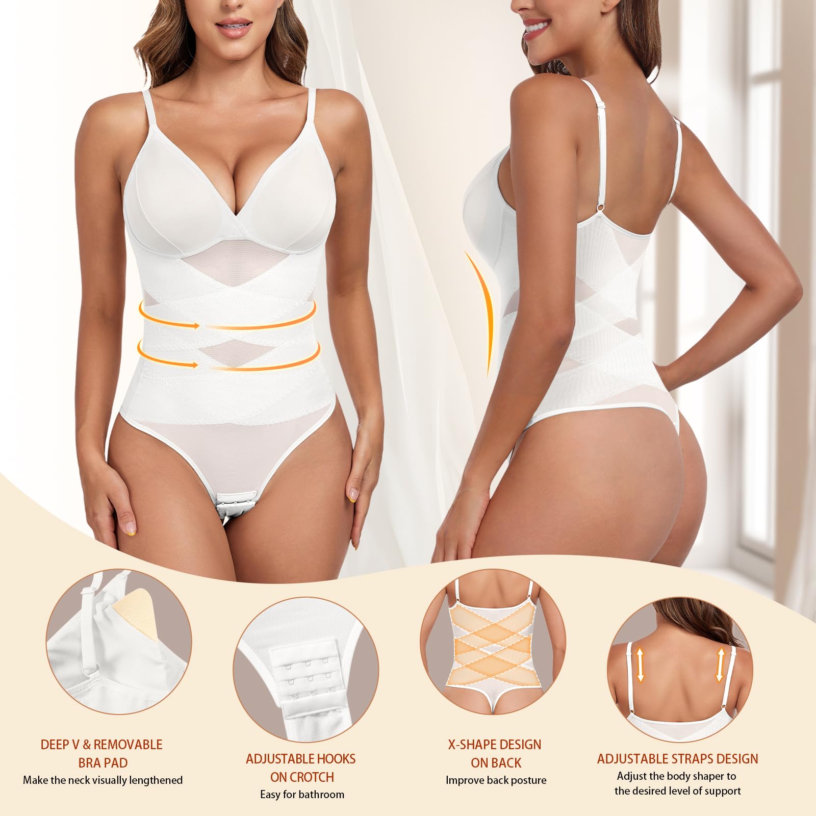 Tuopuda Body modelujące damskie stringi modelujące body body body bielizna modelująca bielizna wyszczuplająca brzuch płaski wyszczuplający kształt z biustonoszem regulowany pasek na ramię siatka Fajas