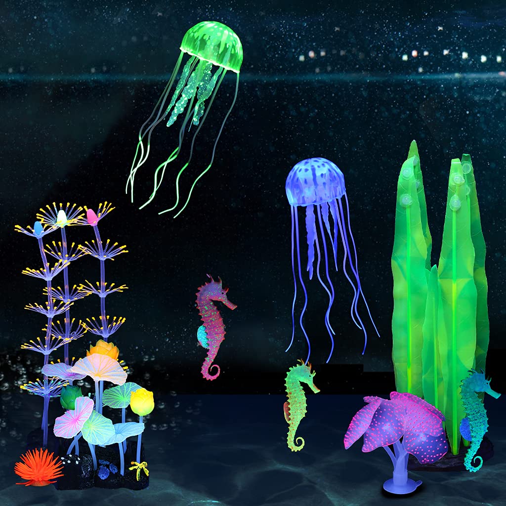 Lpraer 10 Pcs Glow Aquarium Decorations Coral Lotus Leaf Anemone Seaweed Floating Jellyfish Seahorse Glowing Effect Silicone for Fish Tank Decorations