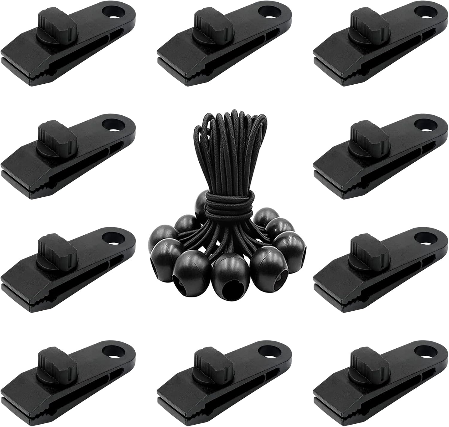 SANLIKE Tarp Clips Heavy Duty Lock Grip, Set of 10 Tent Clips Clamps with Thumb Screw and Bungee Ball Cords for Fixing Tarps, Awnings, Tarpaulin, Outdoor Camping, Caravan Canopies